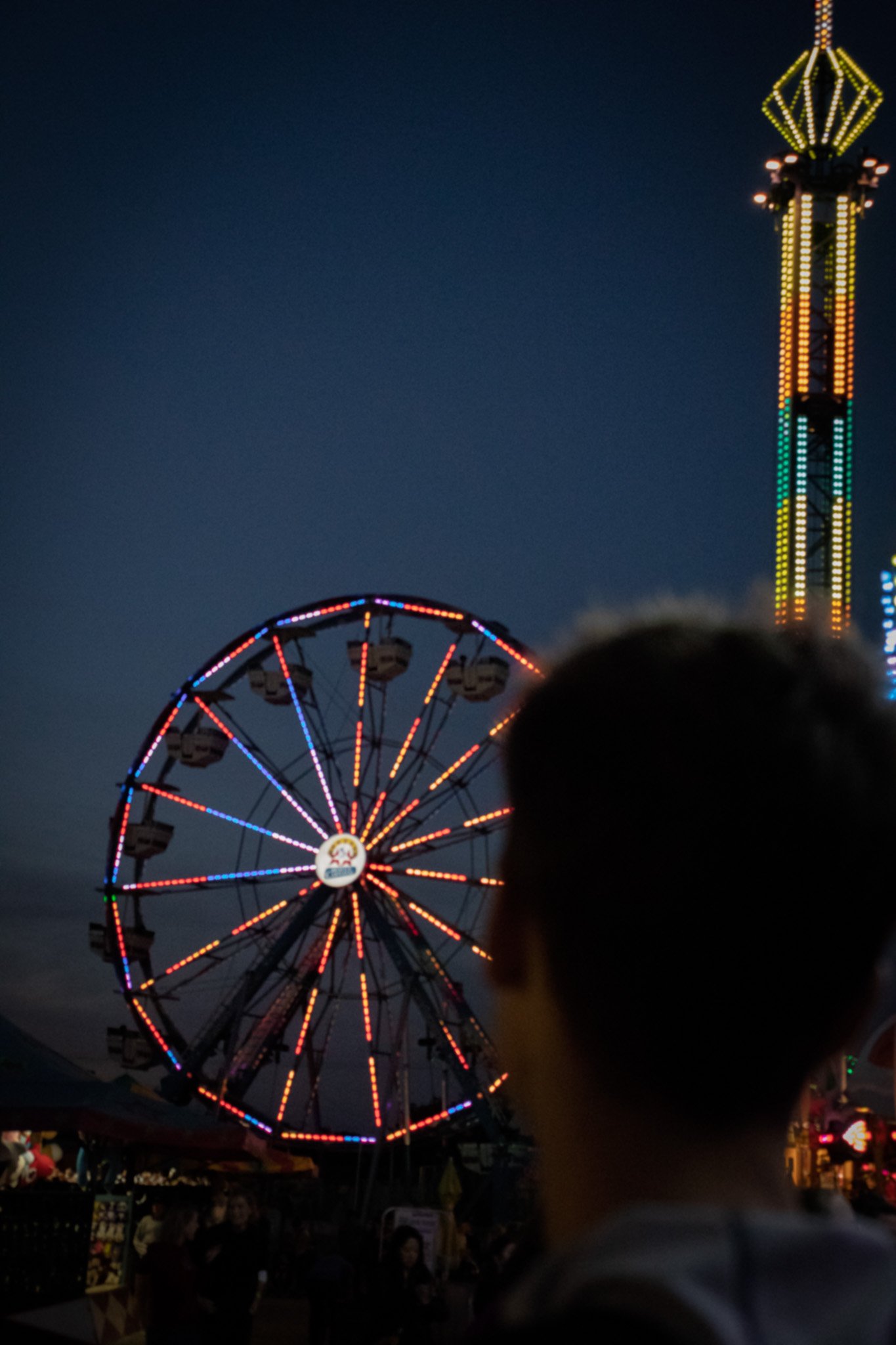 Nighttime amusement park with brightly lit Ferris wheel and drop tower ride, with a dark sky and people walking below.