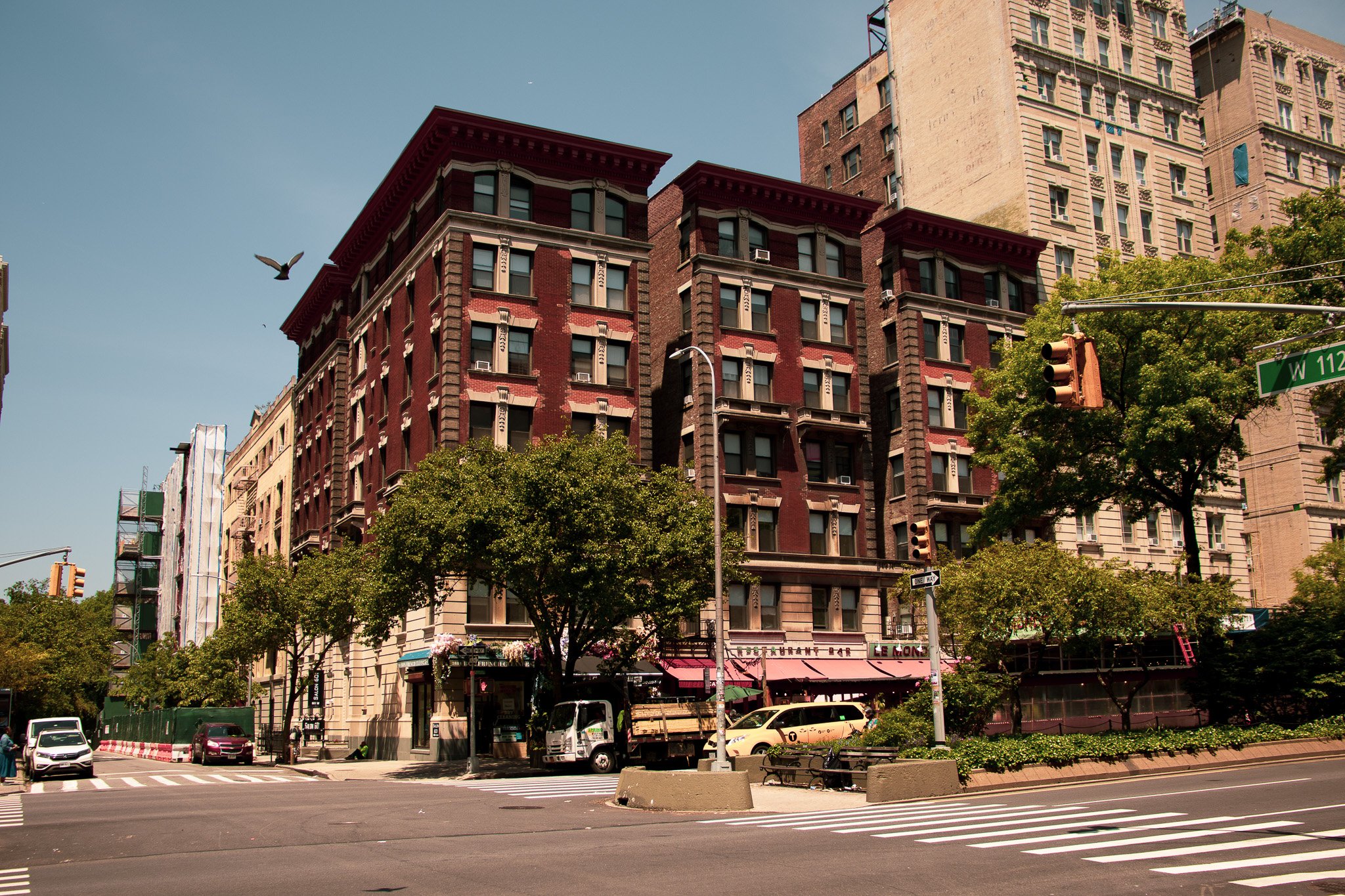 City street scene with tall brick and stone buildings, trees, cars parked along curb, traffic lights, and a crosswalk.