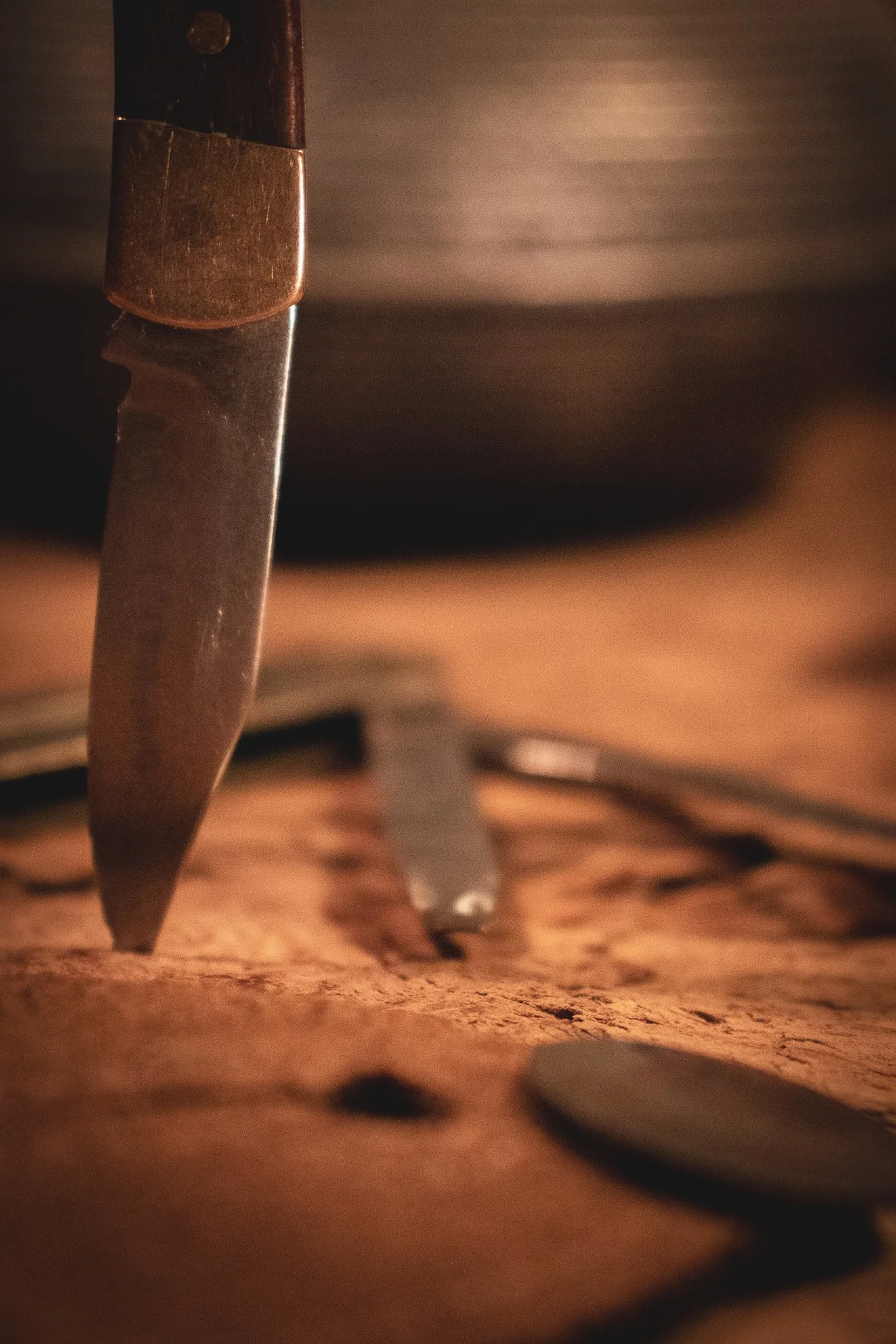 Close-up photograph of a knife with a wooden handle, touching light-colored wood surface, with parts of other knives visible in the blurred background.