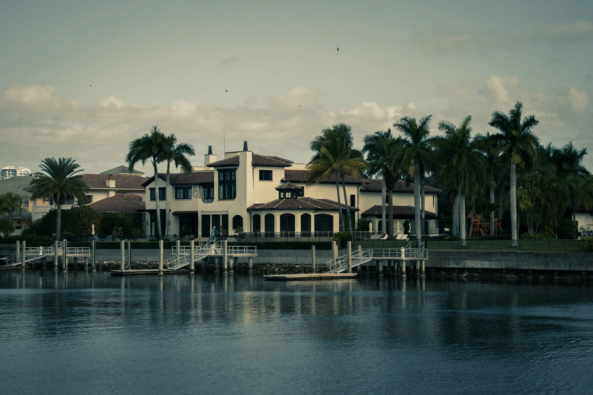 Luxury houses with palm trees along water, boats docked at a marina, under cloudy sky.