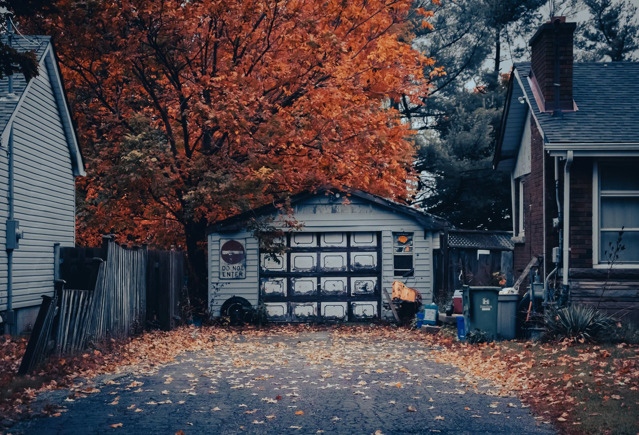 A backyard alleyway lined with autumn leaves and surrounded by houses with sloped roofs, a tree with orange leaves, a garage with a 