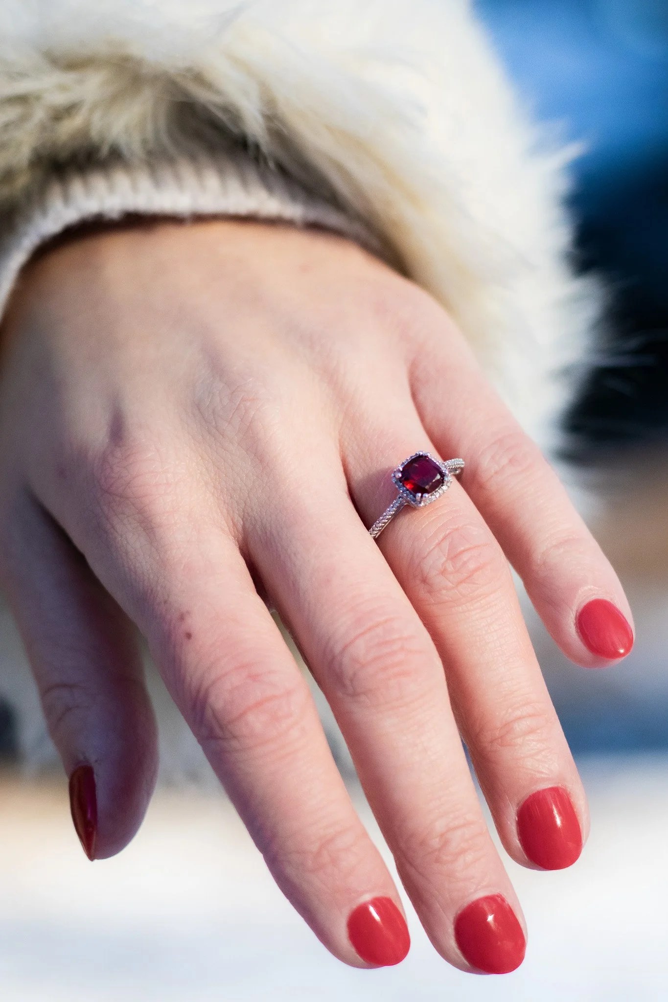 A woman's hand with red-painted nails, wearing a silver ring with a red gemstone, resting on a surface with a fluffy white and black animal, possibly a cat, in the background.