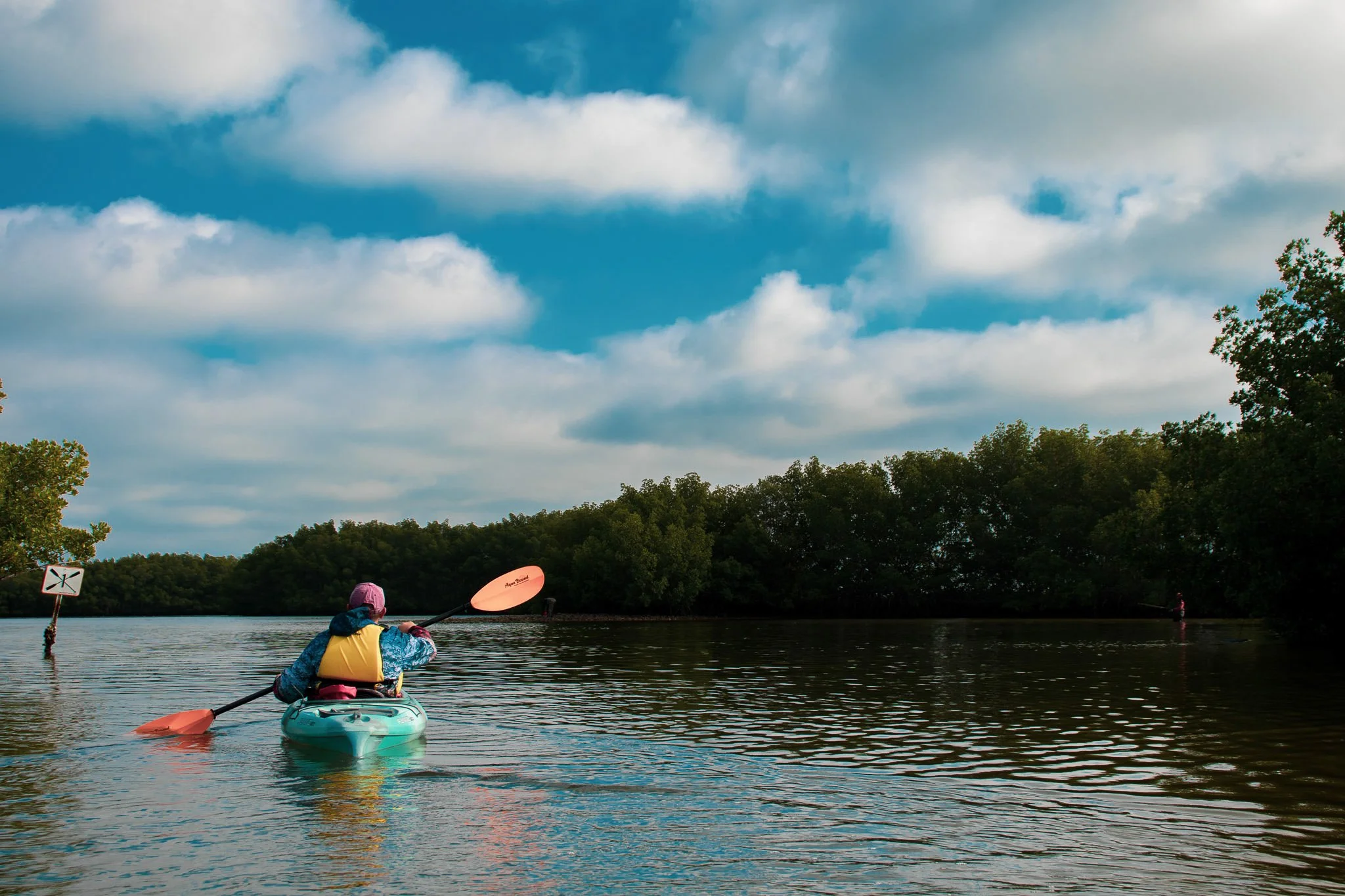 Person kayaking on a lake near a forest, with a partly cloudy sky above.