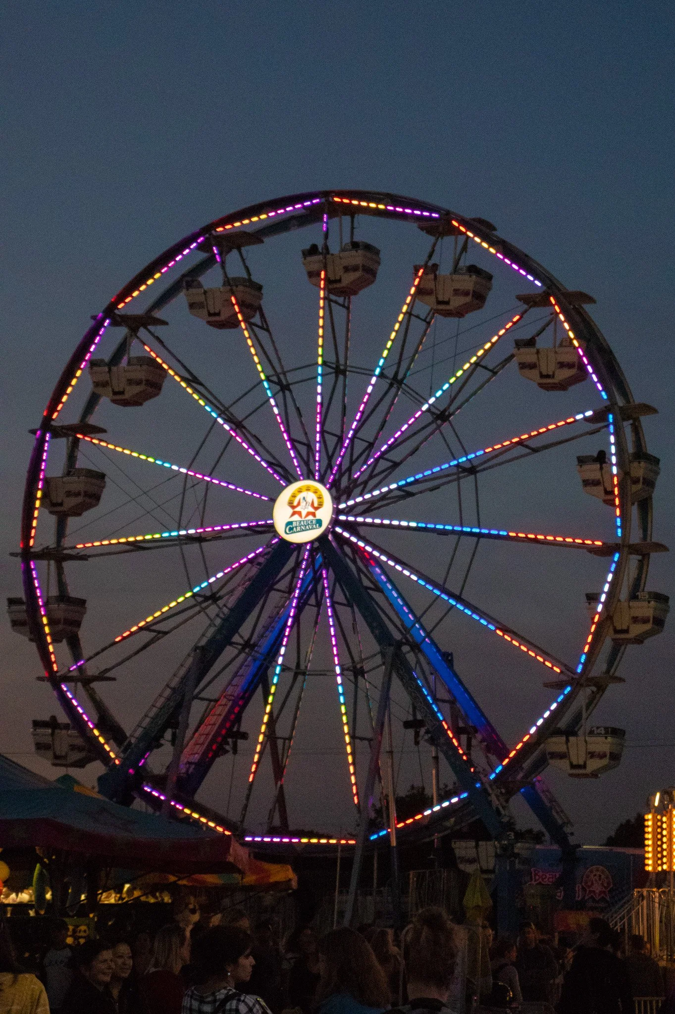 A brightly lit Ferris wheel with multicolored lights at night, with a crowd of people in the foreground at a carnival.