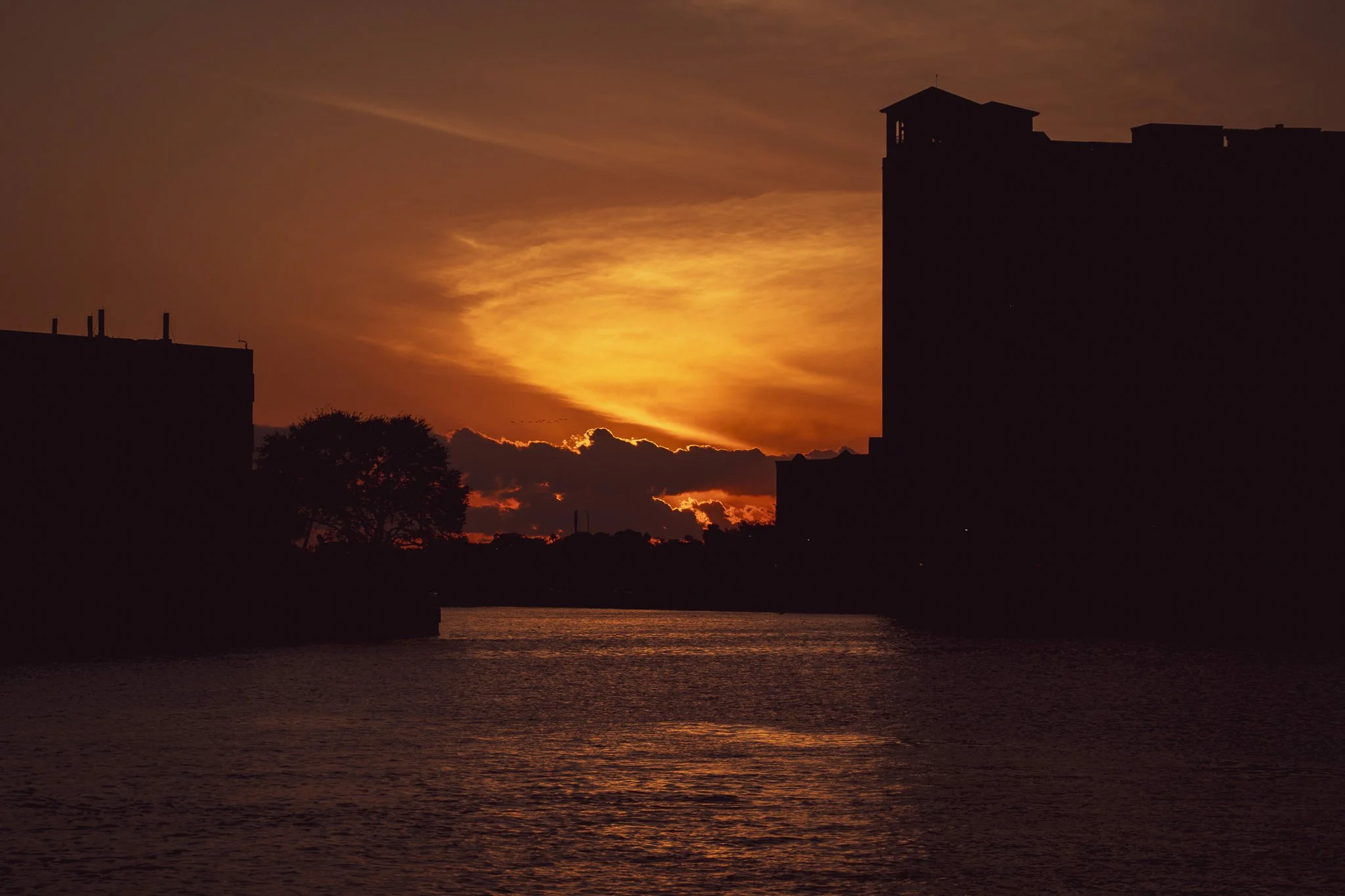 Silhouette of buildings and trees against a sunset sky with orange clouds over a body of water.