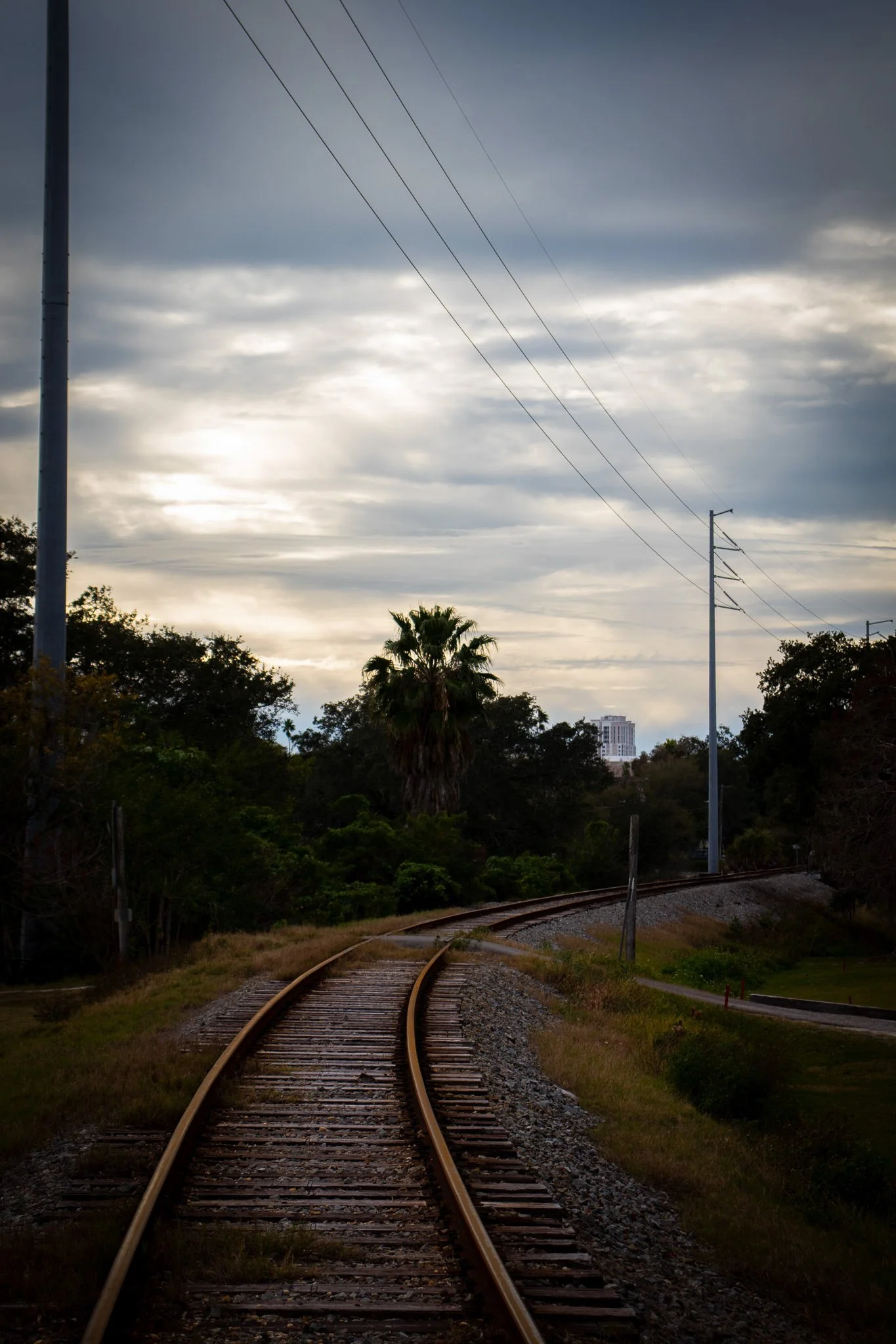 A railway track curving through a landscape with trees and bushes, under a cloudy sky with the sun partially obscured.