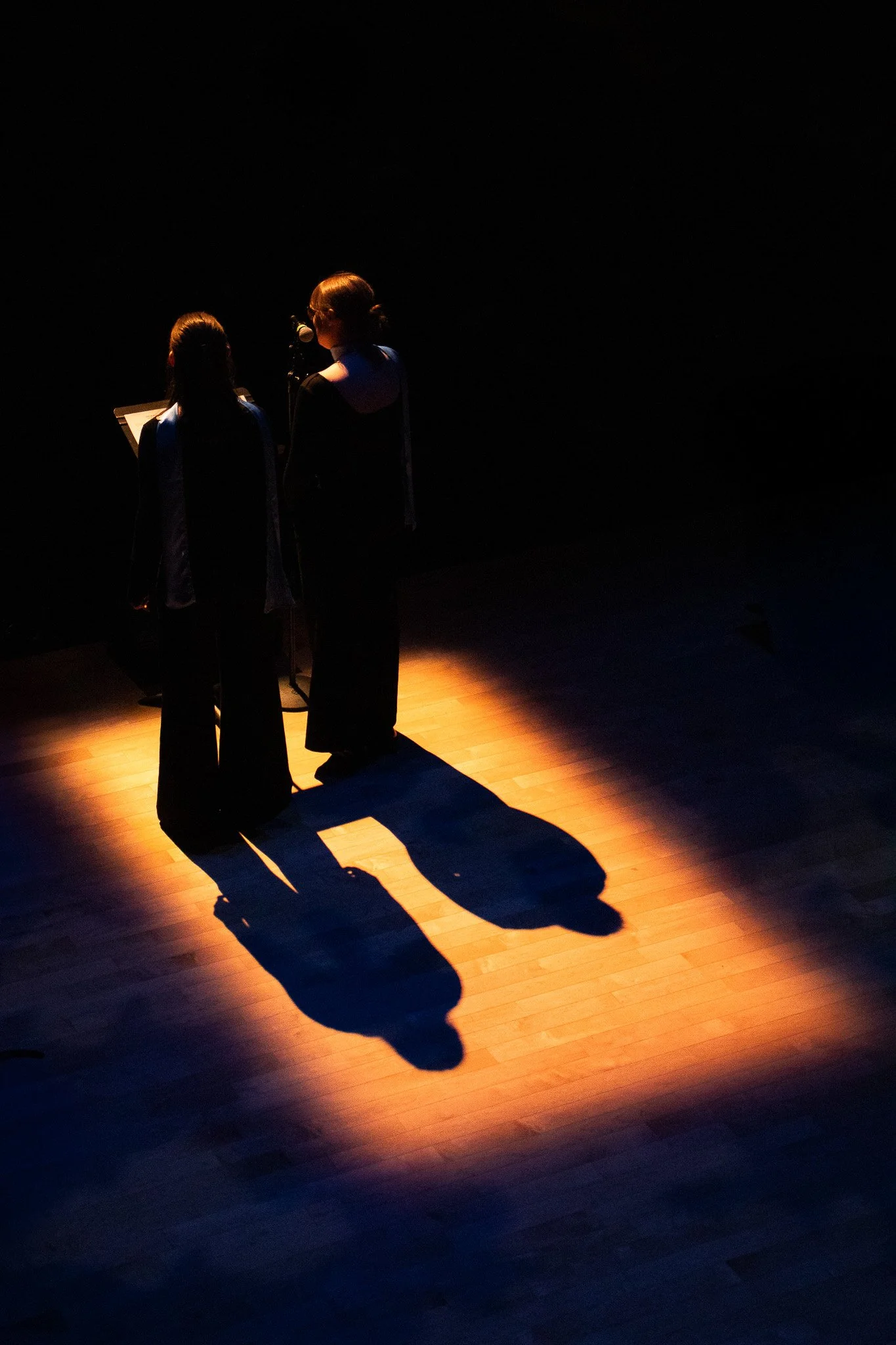 Two women standing on a dimly lit wooden stage, spoken word or presentation setup, with a script or notes, casting shadows on the floor.