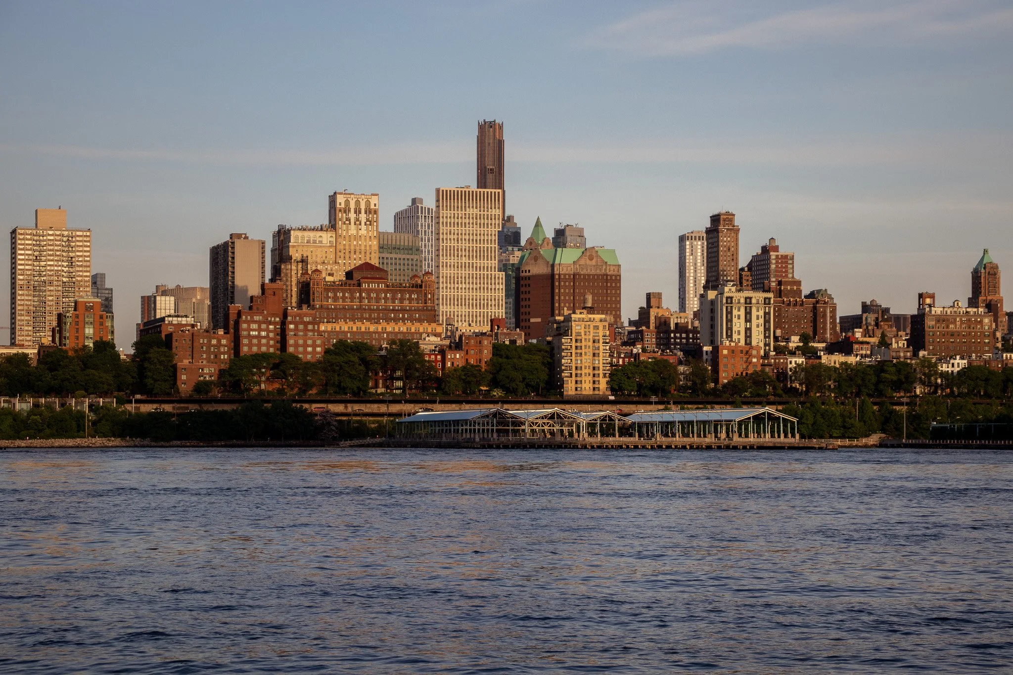 City skyline with tall buildings viewed from across a body of water, with trees in the foreground.