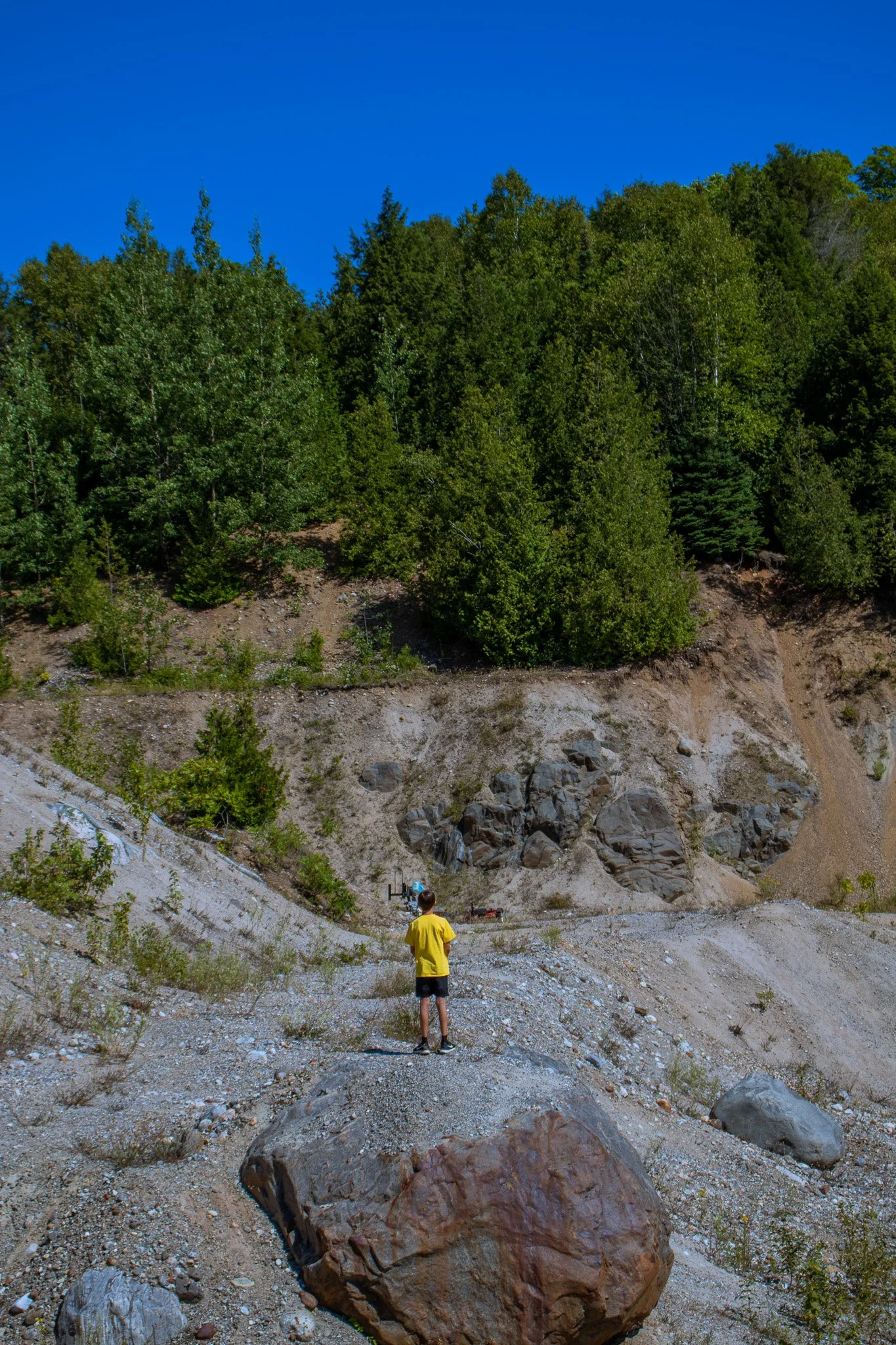 A young boy in a yellow shirt and dark shorts standing on a rocky slope with large outcroppings of rocks, facing a steep hillside covered with green trees and shrubs under a bright blue sky.