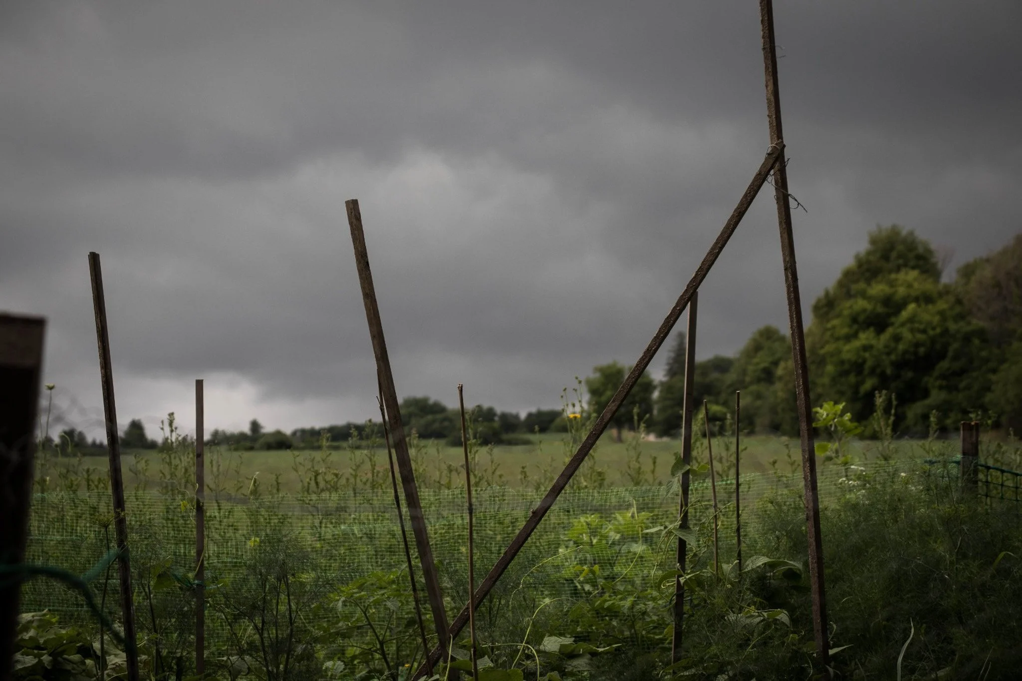Overcast sky with dark clouds over a rural landscape with fields and trees, viewed through a wooden fence.