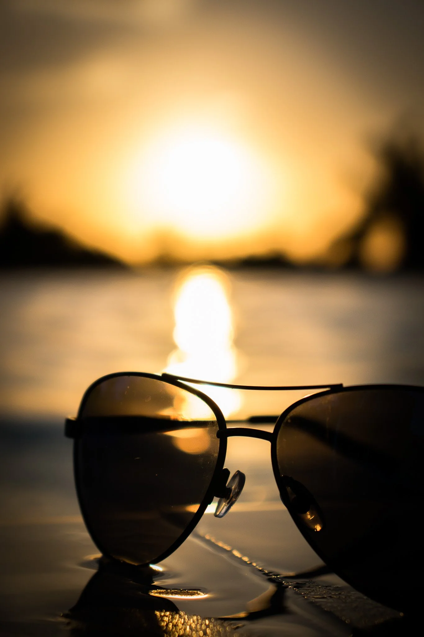 Sunglasses placed on the sand at sunset with the sun reflecting on the water and the sand.