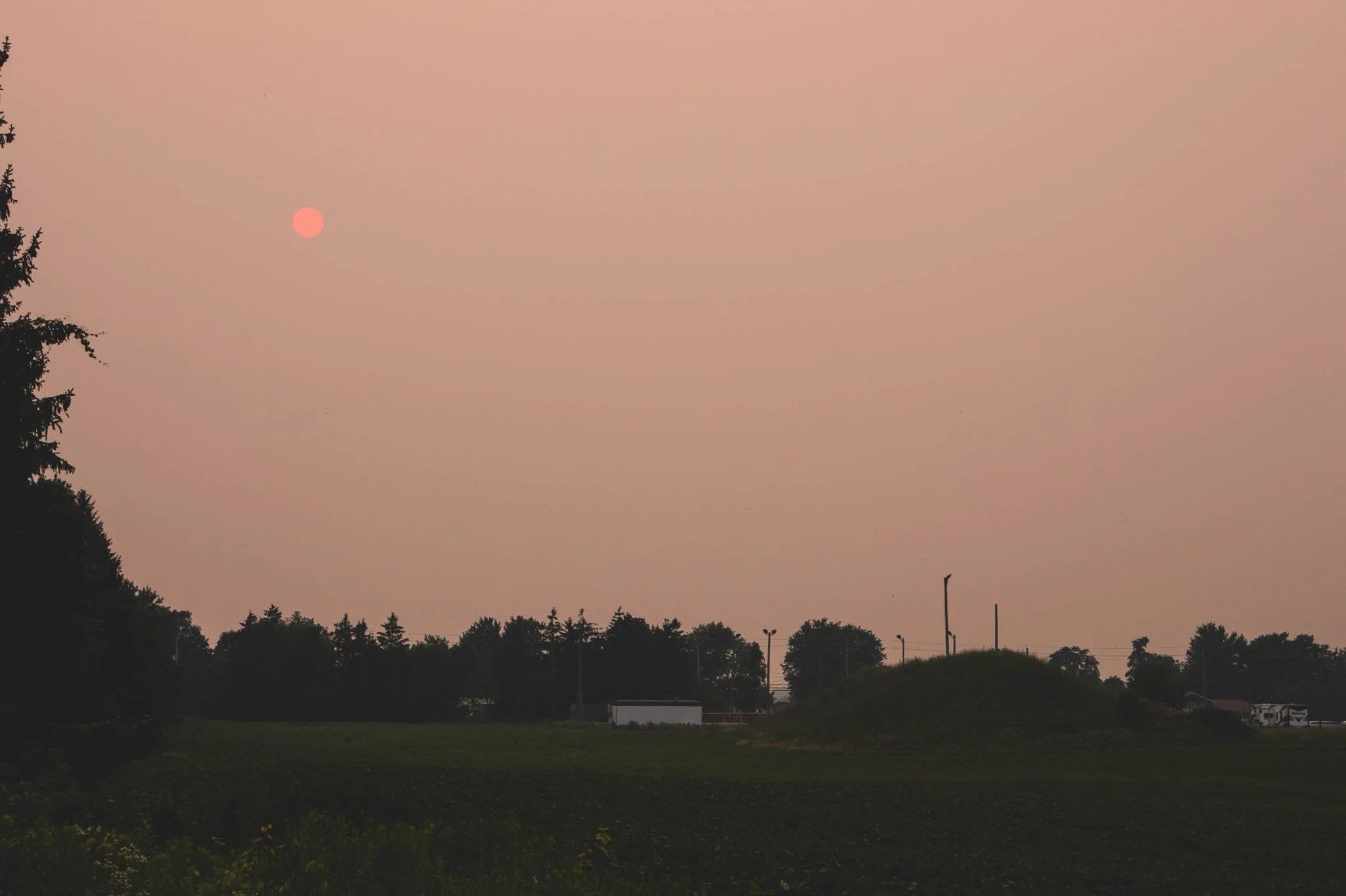 A sun setting or rising in a pinkish sky, with trees and some structures in the foreground.