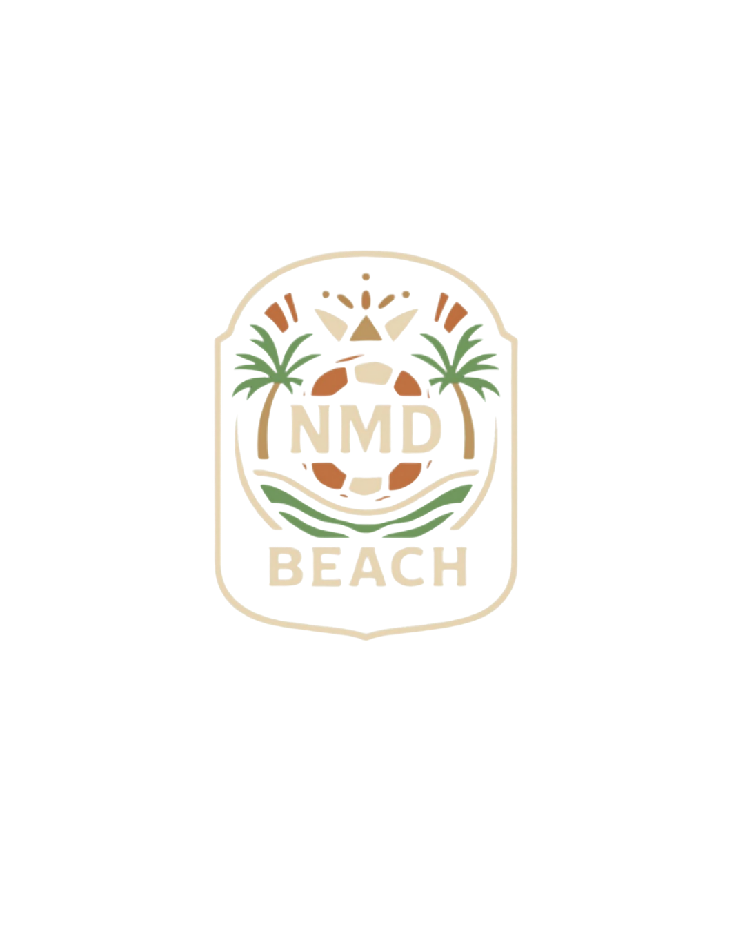 Colorful emblem with the words 'NMD BEACH' and a design with palm trees, a wave, and a face with sunglasses surrounding the letters.