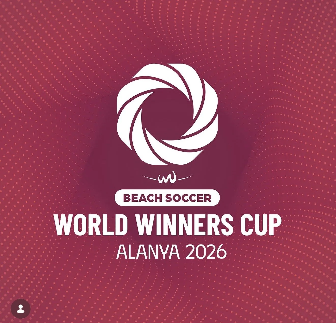 Logo for the Beach Soccer World Winners Cup 2026 in Alanya, featuring a stylized camera shutter icon and pink dotted background.