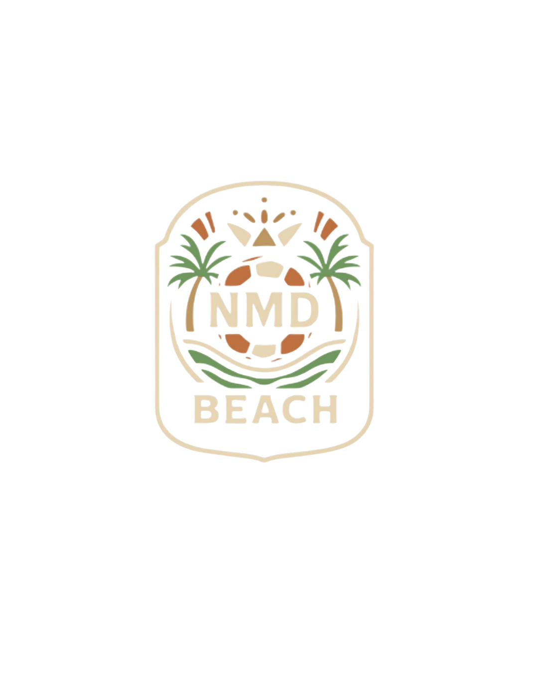 Colorful beach logo featuring a volleyball, palm trees, and the text 'NMD BEACH'.
