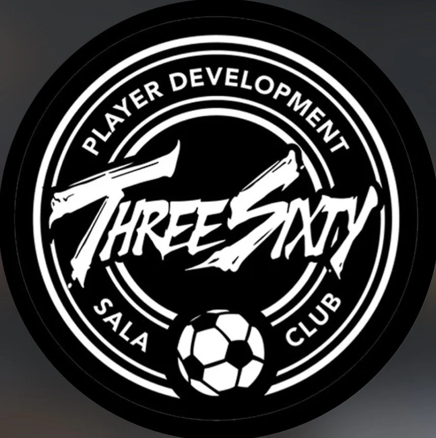 Black and white logo for Threesixty Player Development Soccer Club, featuring a soccer ball, with text indicating it's a soccer club and player development program.