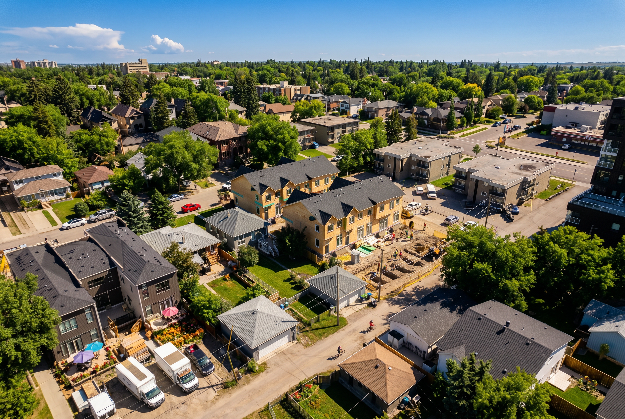 Aerial drone view of Uptown 17th boutique 16-unit residential development near 17th Avenue SW Calgary, managed by Suite Getaways