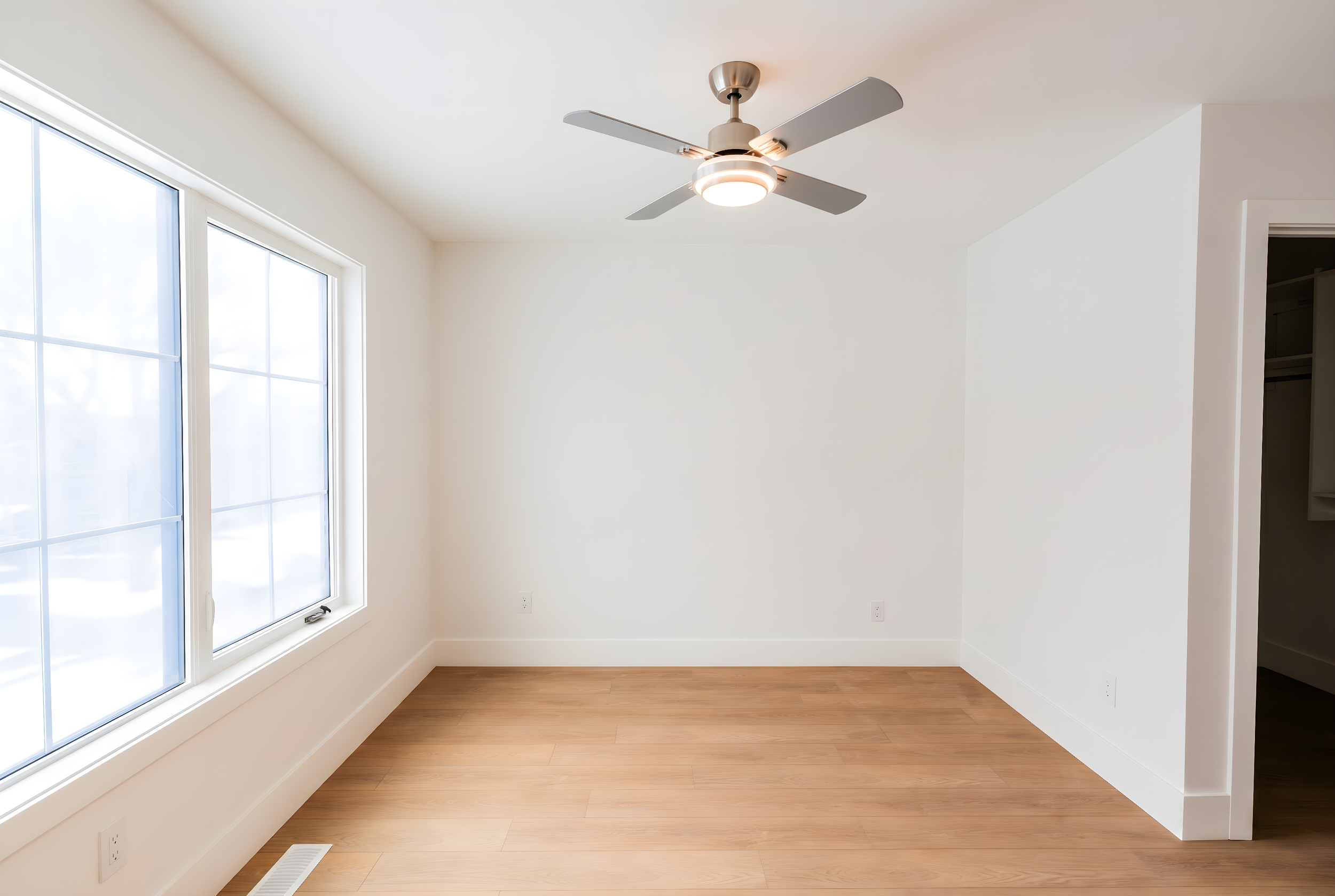 Bright sunlit room with ceiling fan, large windows and LVP flooring at Uptown 17th Calgary rental suites near 17th Ave SW by Suite Getaways