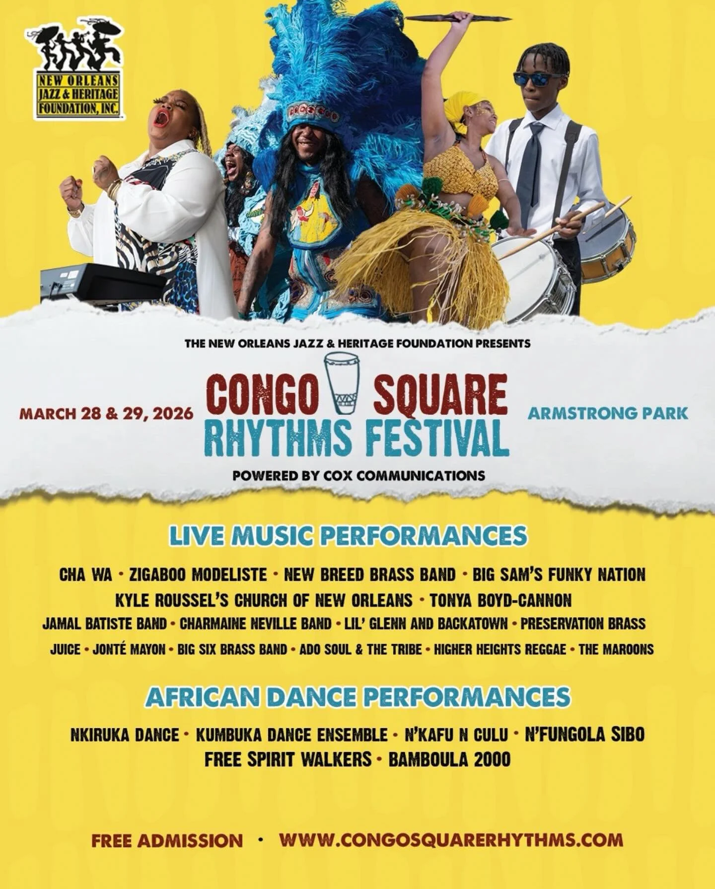 The Congo Square Rhythms Festival music lineup is here!
Join us in Armstrong Park March 28-29 for an incredible weekend featuring dynamic music, powerful performances from African dance groups that honor the deep cultural roots of Congo Square, and m