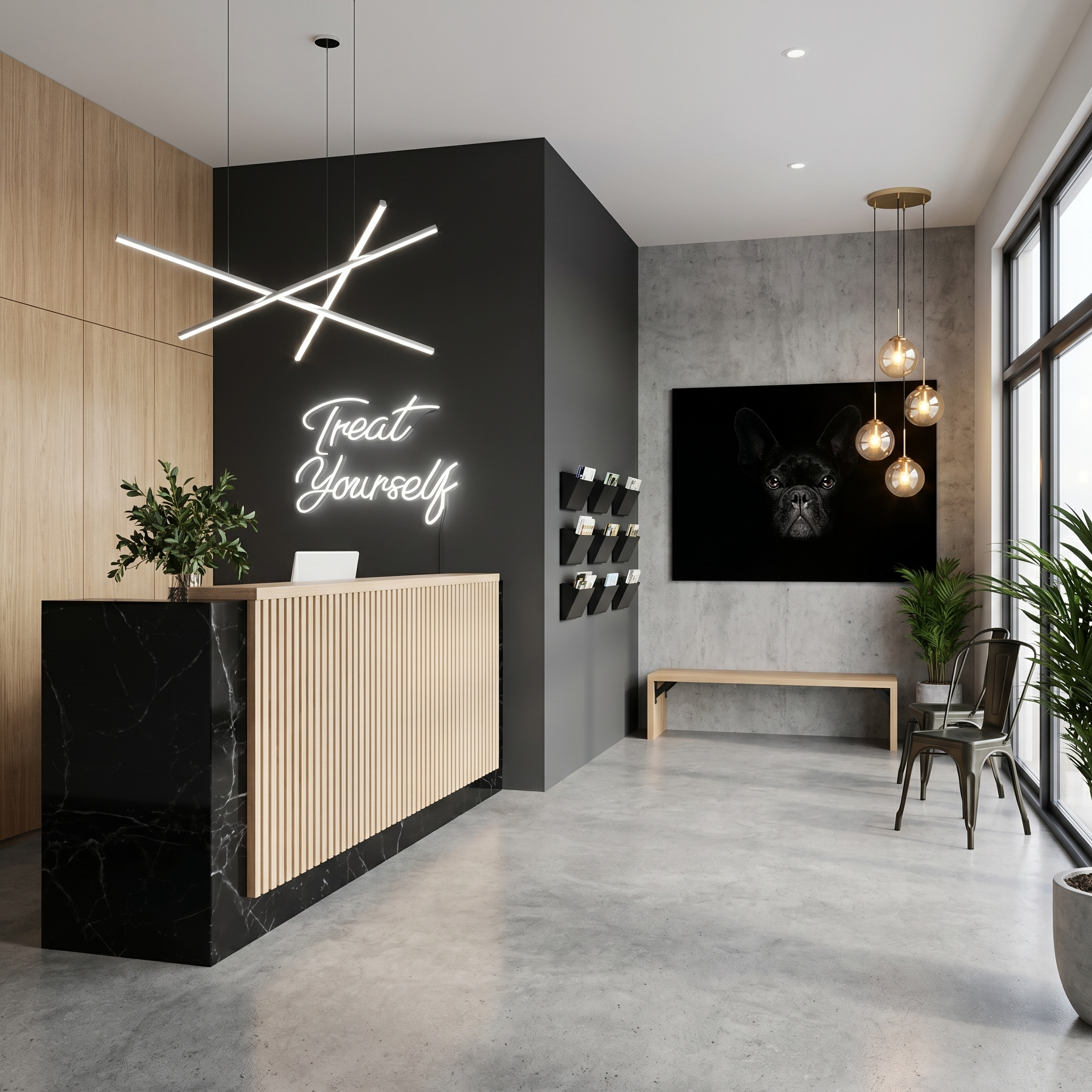 Modern interior of a space with a black wall featuring a neon sign that says 'Treat Yourself,' a wooden reception counter, and hanging light fixtures with round bulbs. There are green plants and chairs near a large window.