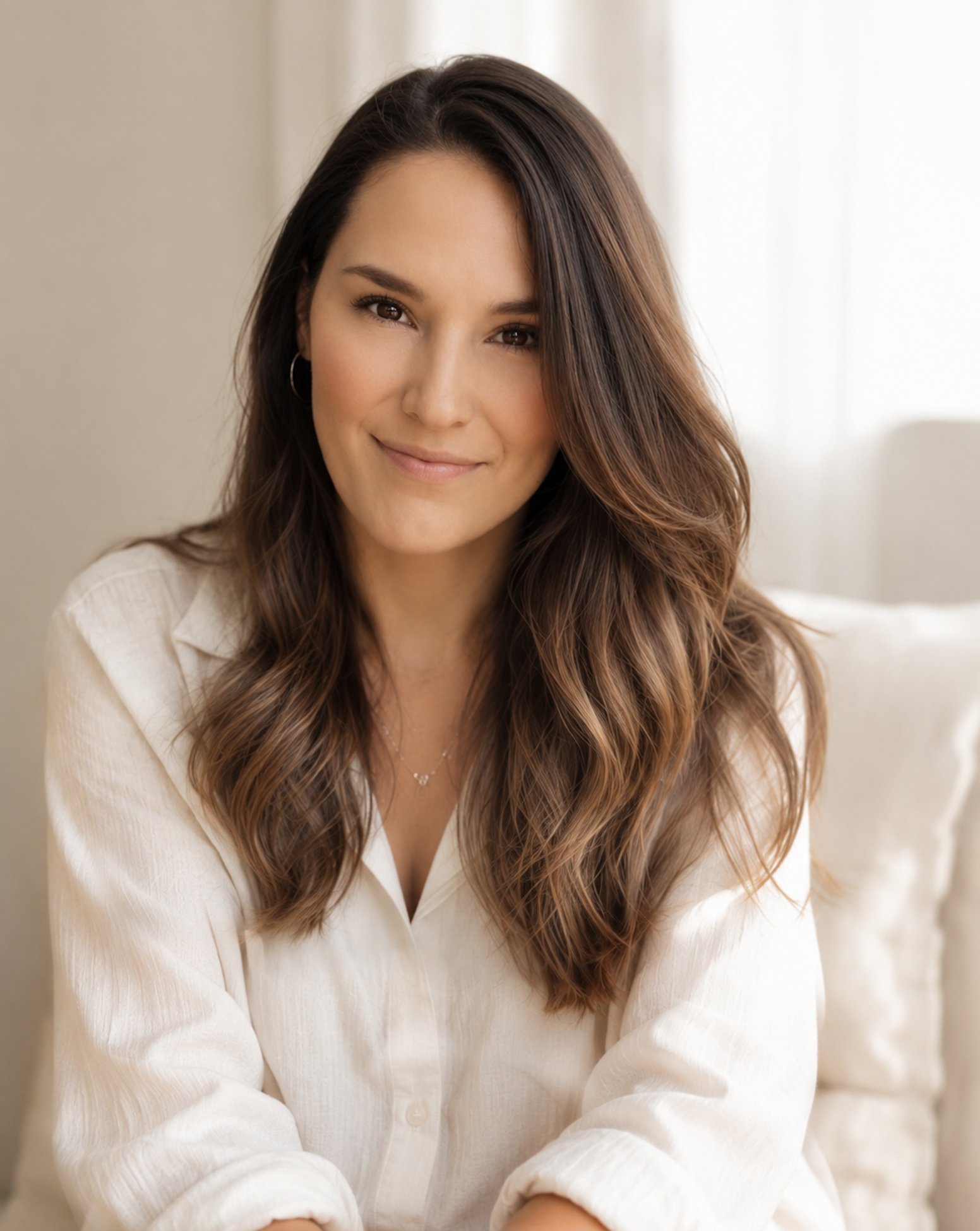 A woman with long wavy brown hair, light skin, smiling gently while sitting indoors with sunlight in the background.