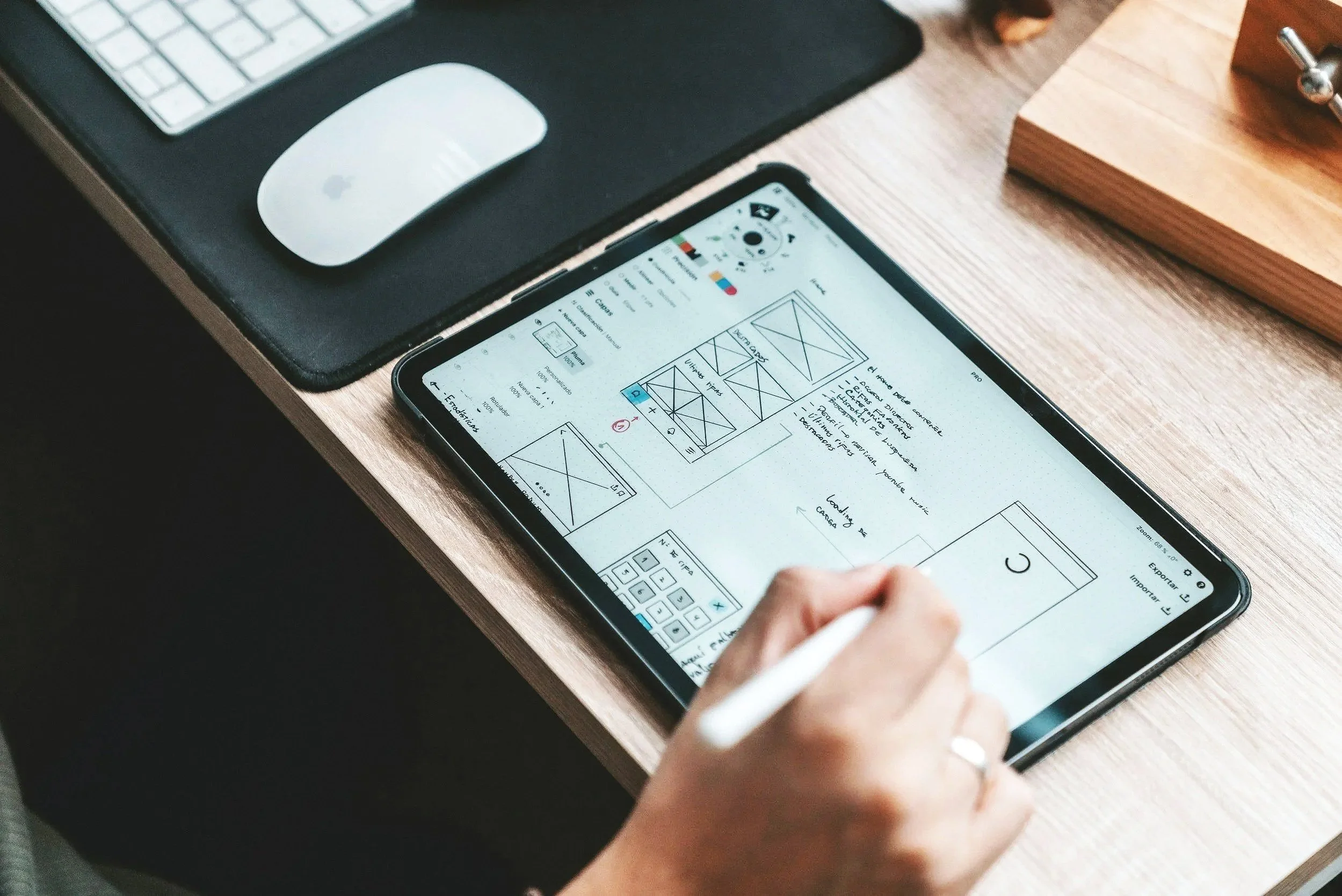 Person sketching wireframes and notes on a digital tablet, with a keyboard and mouse on a wooden desk.