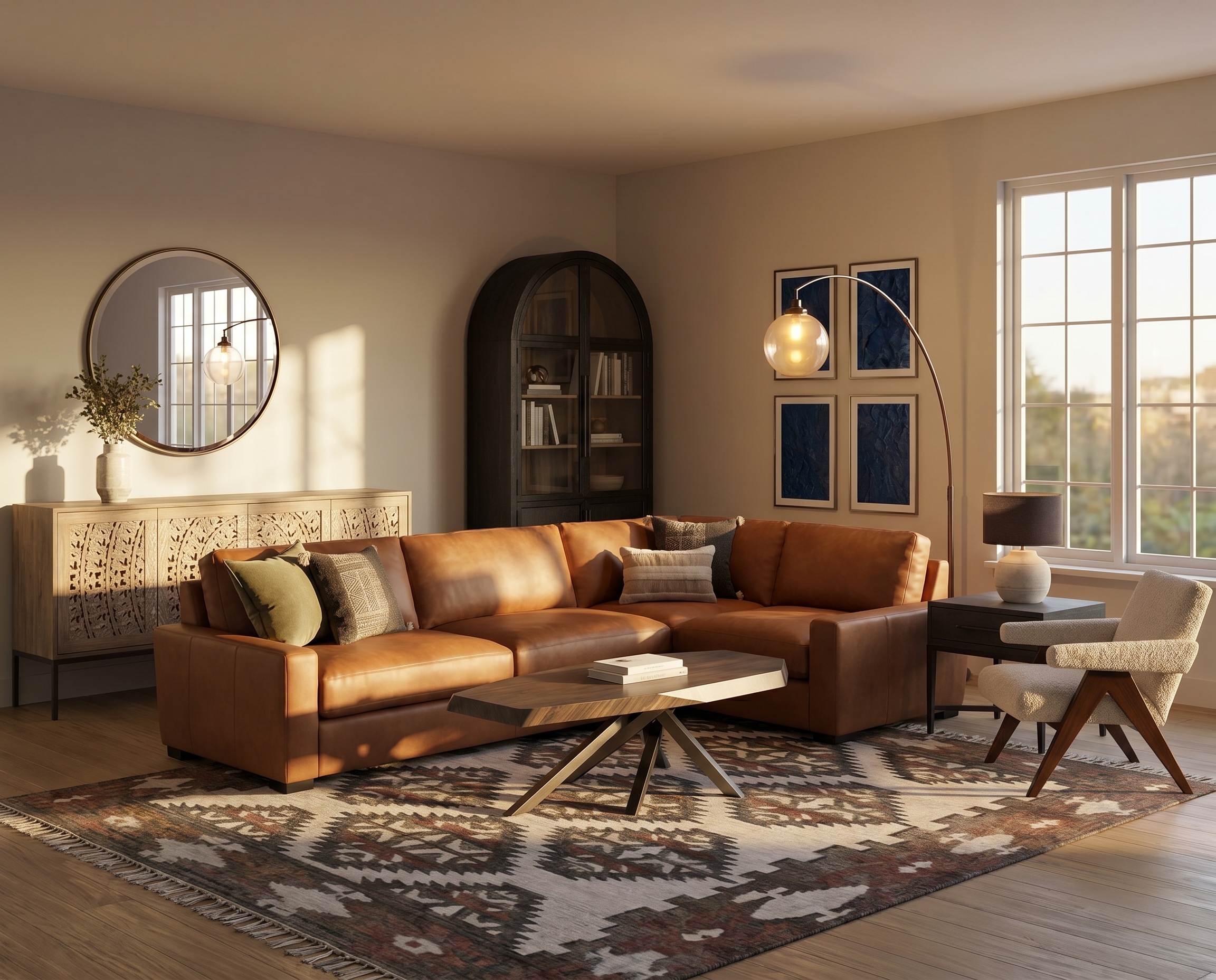 A cozy living room featuring a leather sectional sofa with decorative pillows, a patterned area rug, a coffee table, a large window, a modern floor lamp, a wall mirror, a wooden cabinet, and framed artwork on the wall.