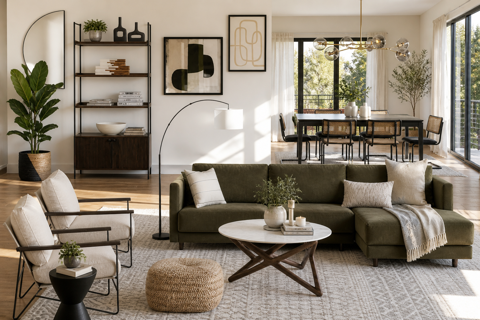 Modern living room with green sofa, armchairs, decorative pillows, coffee table, bookshelf, large houseplant, wall art, and dining area with sliding glass doors.
