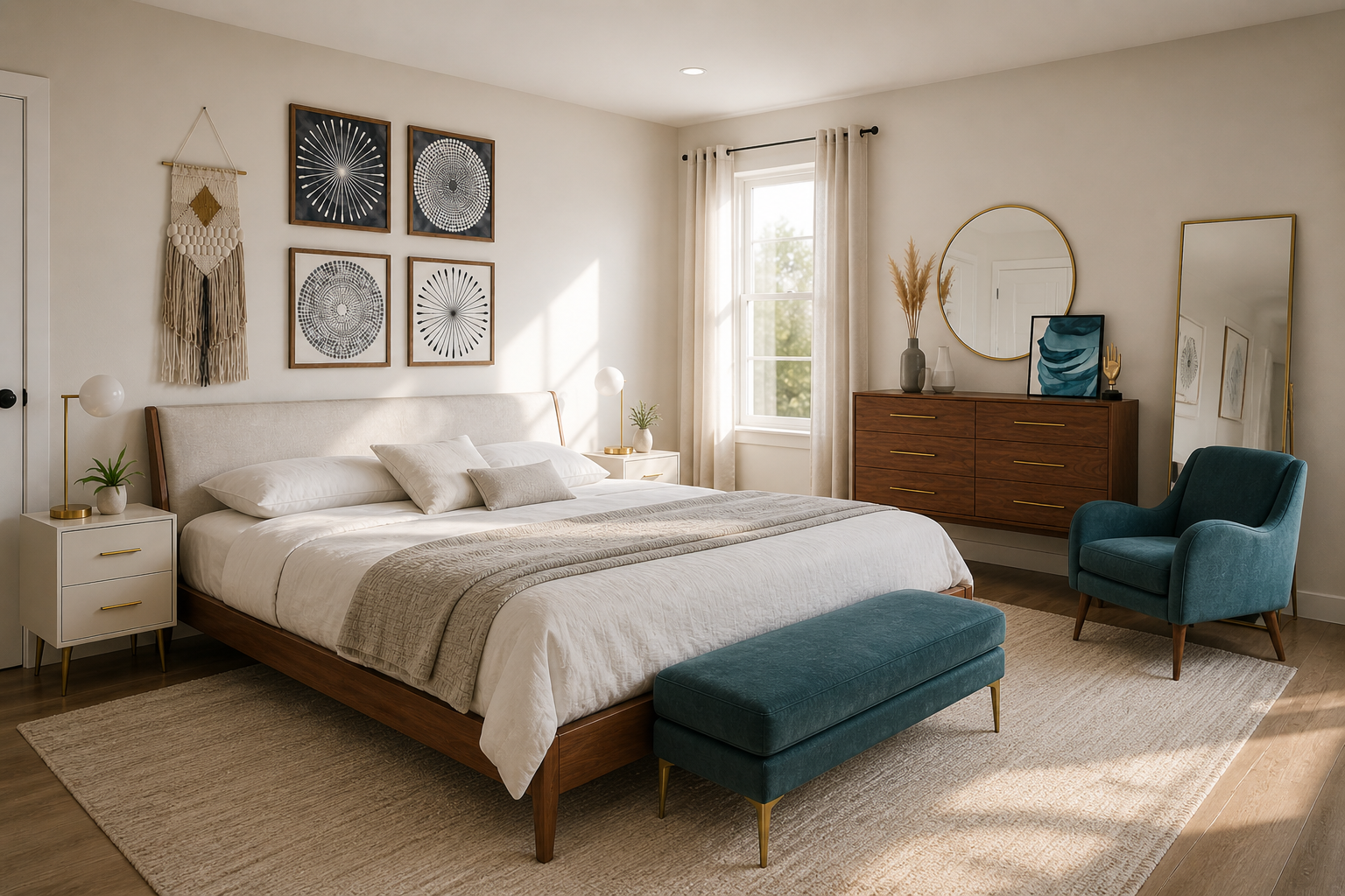 A modern bedroom with a large bed, blue chair, wooden dresser, and decorated wall art.