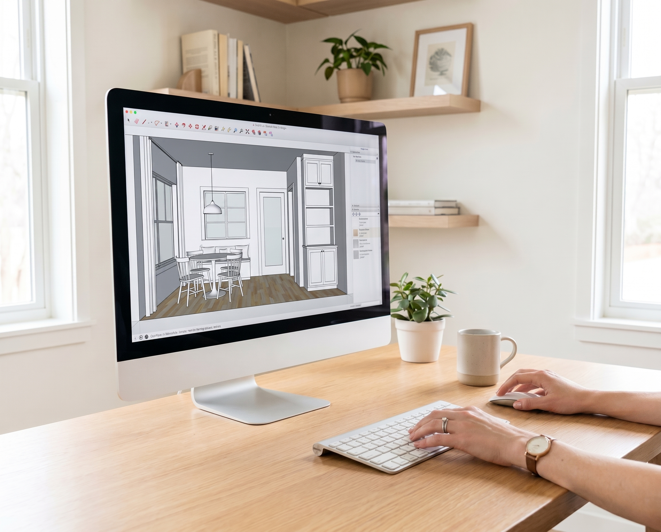 An iMac computer displaying a 3D kitchen interior design on the screen. The workspace includes a wooden desk, potted plant, books on a shelf, and coffee mugs, with a window providing natural light.