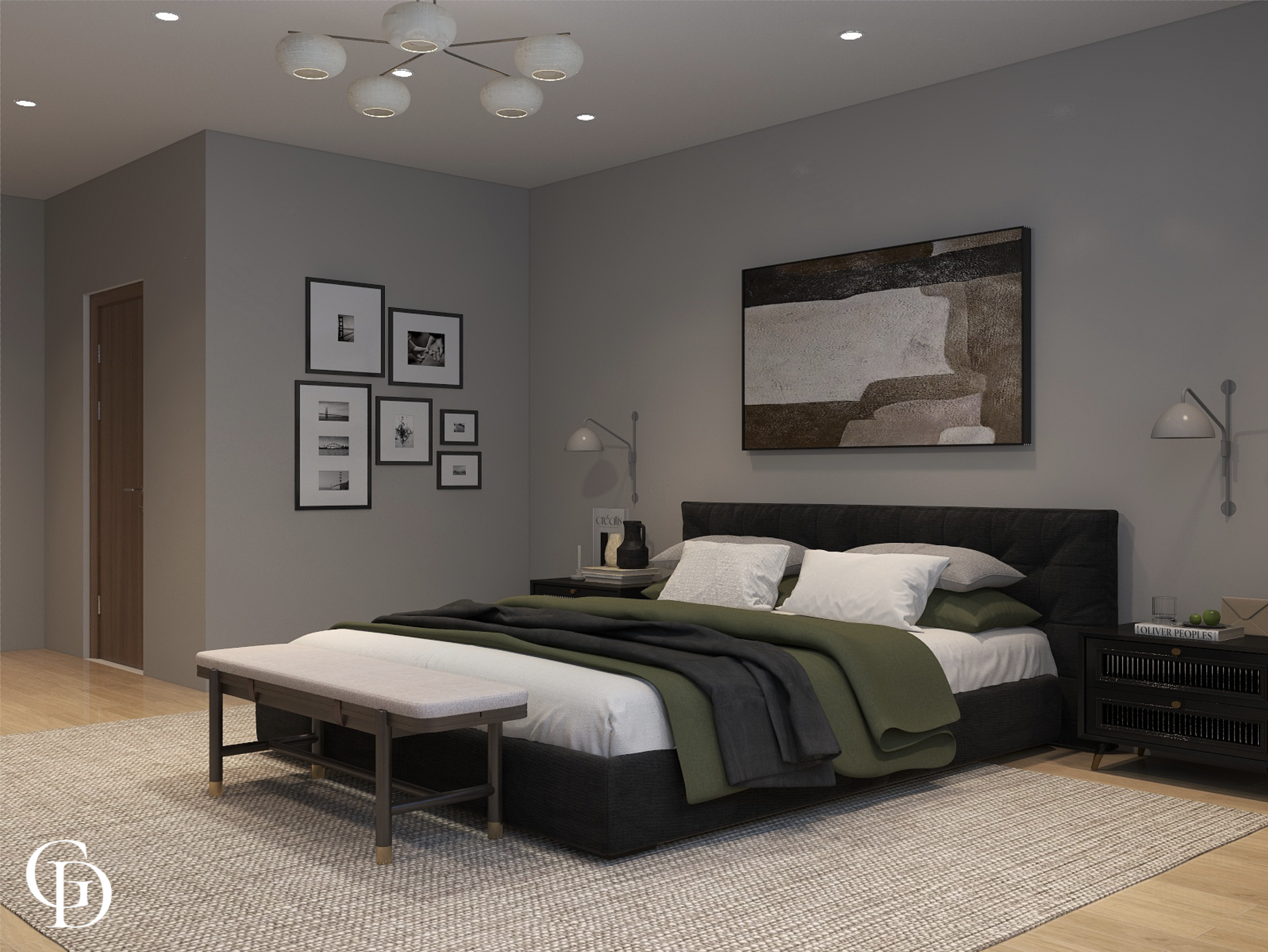 Modern bedroom with black bed frame, white bedding, green and black blankets, black nightstand with decorative items, wall art, and a beige rug.