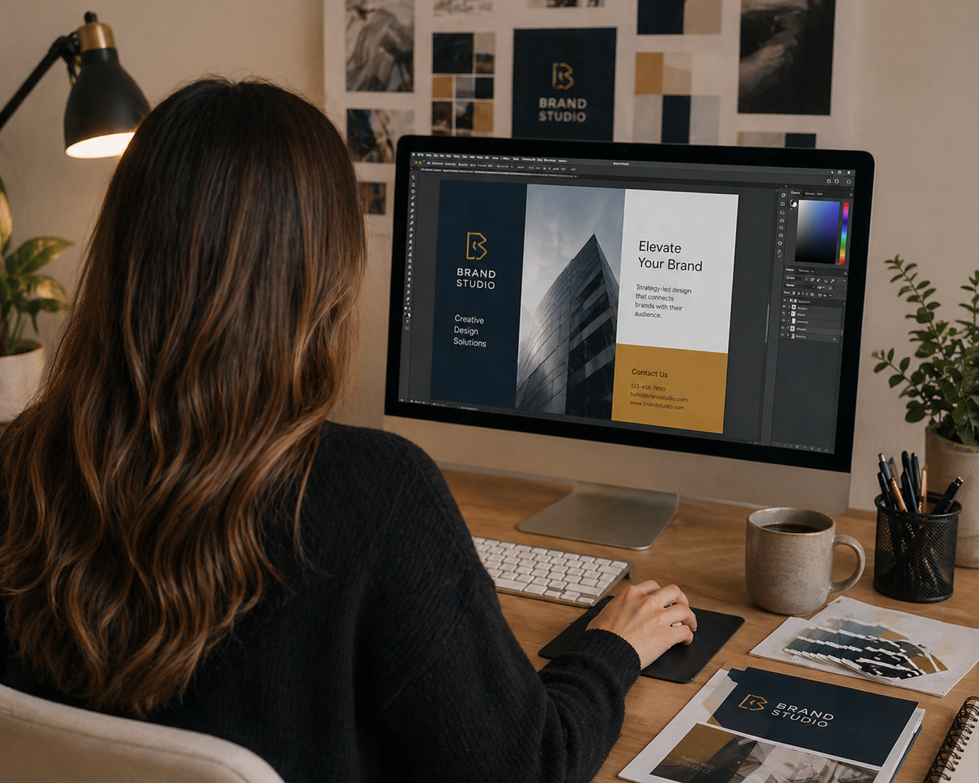 A woman with brown hair working on a branding design on a computer, surrounded by design materials and a mug in a modern workspace.