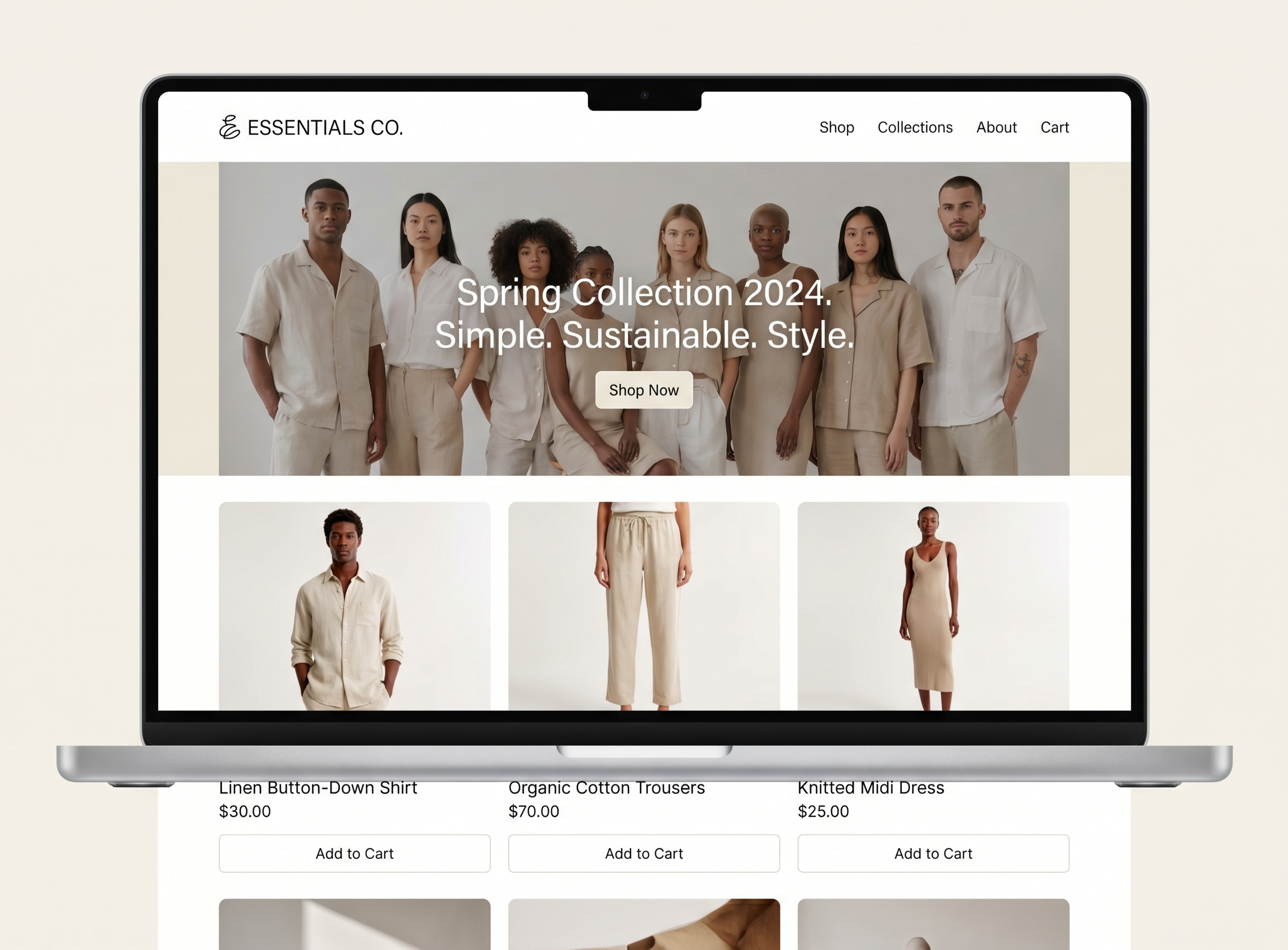 A computer monitor displaying an online clothing store website called ESSENTIALS CO with a header menu including Shop, Collections, About, and Cart. The main section highlights a group of diverse models in neutral-toned clothing for the Spring Collection 2024, with a button labeled 'Shop Now'. Below are product images of a linen button-down shirt, organic cotton trousers, and a knitted midi dress, each with prices and 'Add to Cart' buttons.