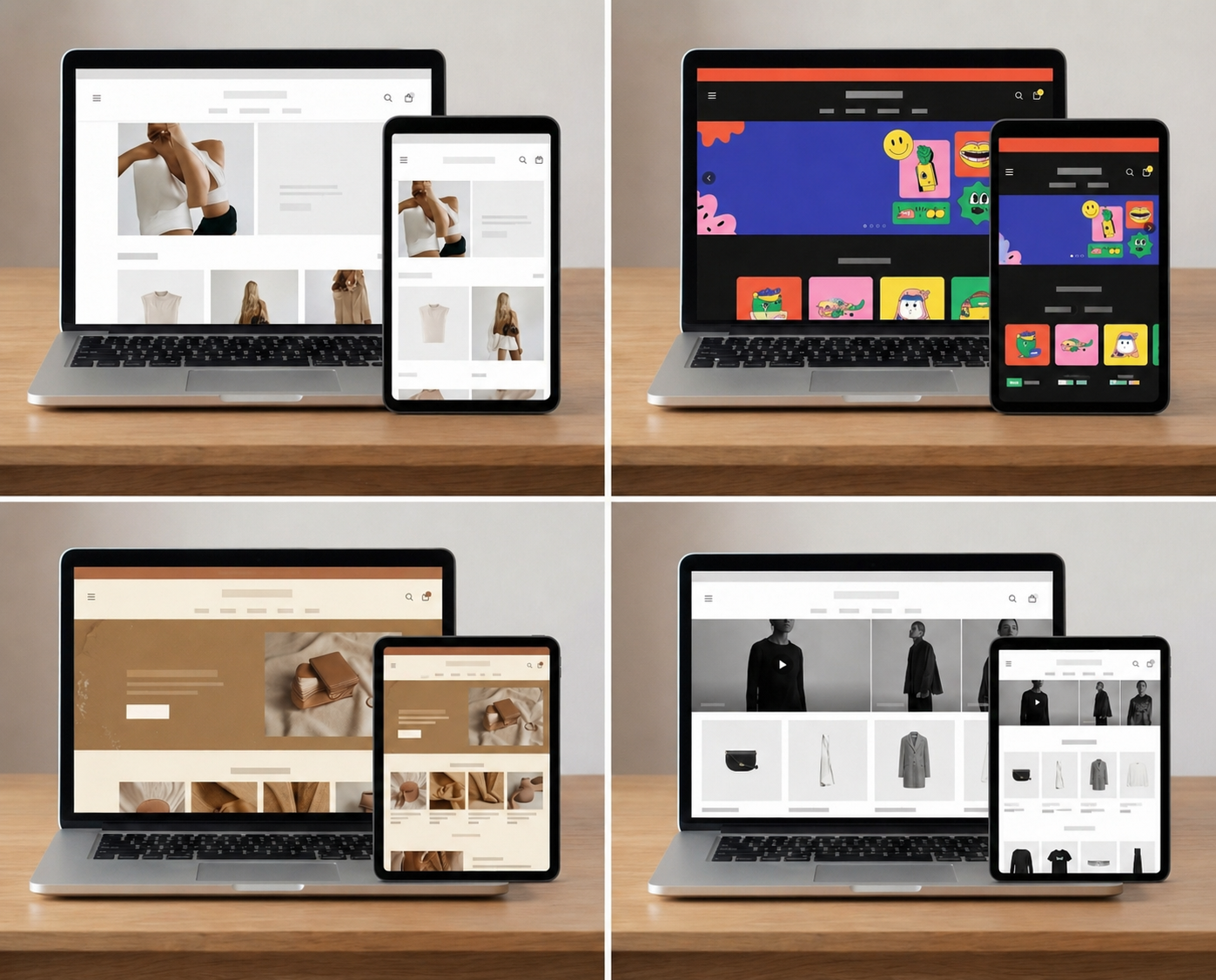 Four images showing laptops and tablets displaying different website designs for fashion, art, and e-commerce on a wooden table.
