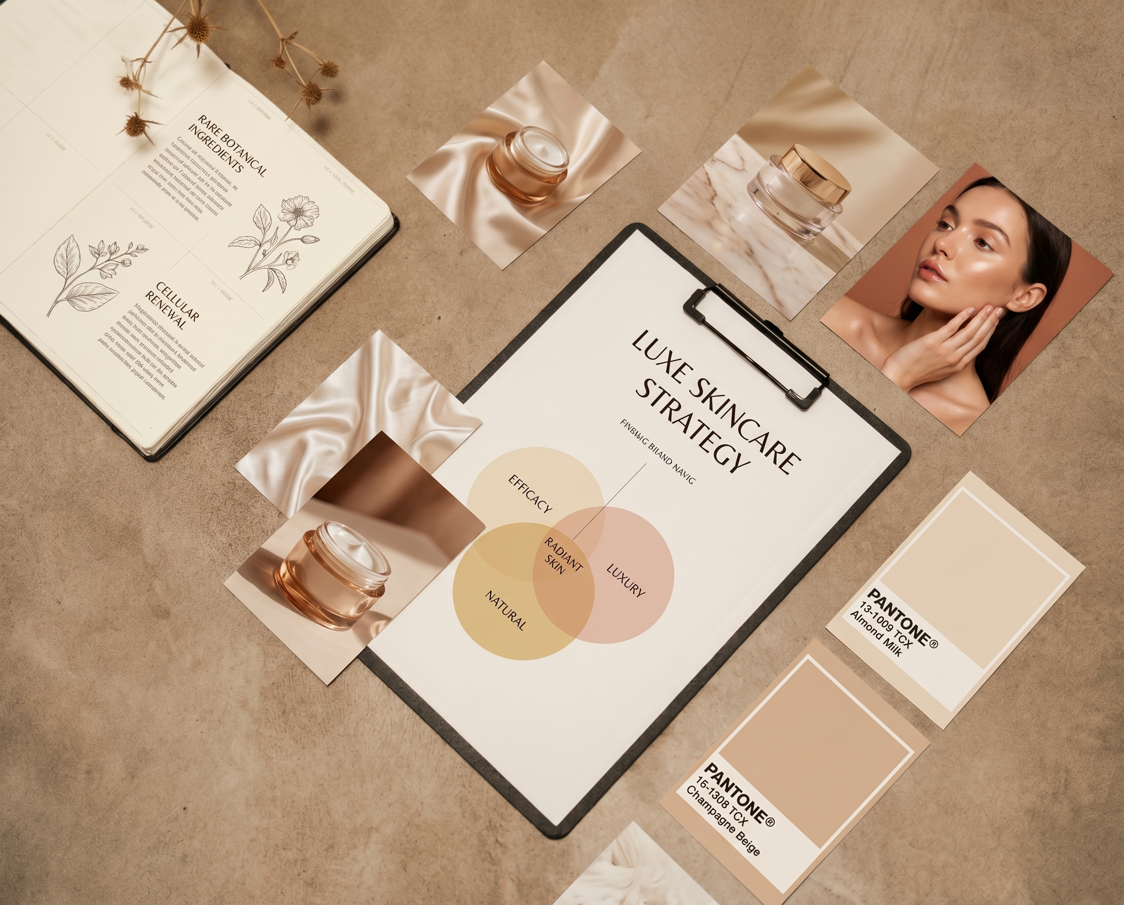 Flat lay image of skincare products, beauty imagery, and related printed materials on a beige background. Includes jars of cream, skincare strategy chart, product labels, and a beauty portrait of a woman with glowing skin.
