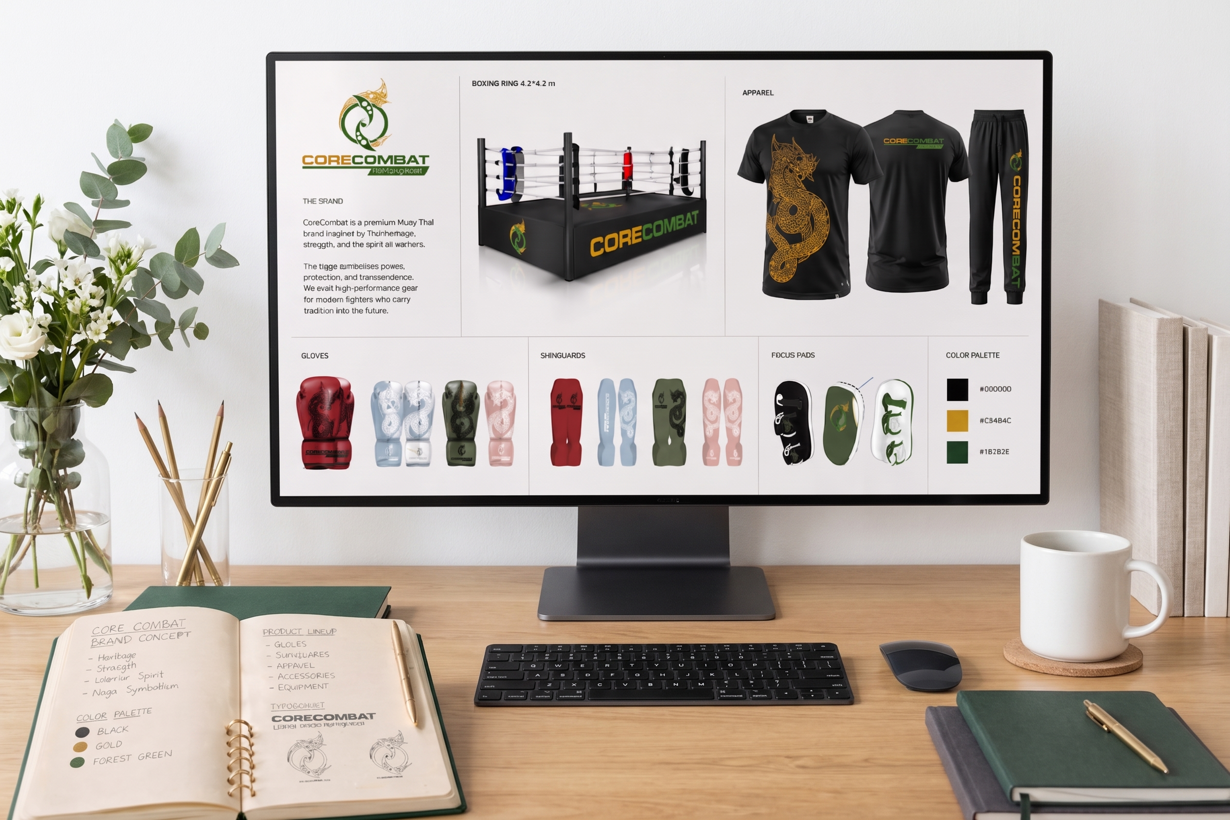 A desktop workspace with a computer monitor displaying a brand concept for CoreCombat, featuring muay thai equipment and clothing. The desk has a notebook, pen holder, plants, a mug, and a closed notebook.