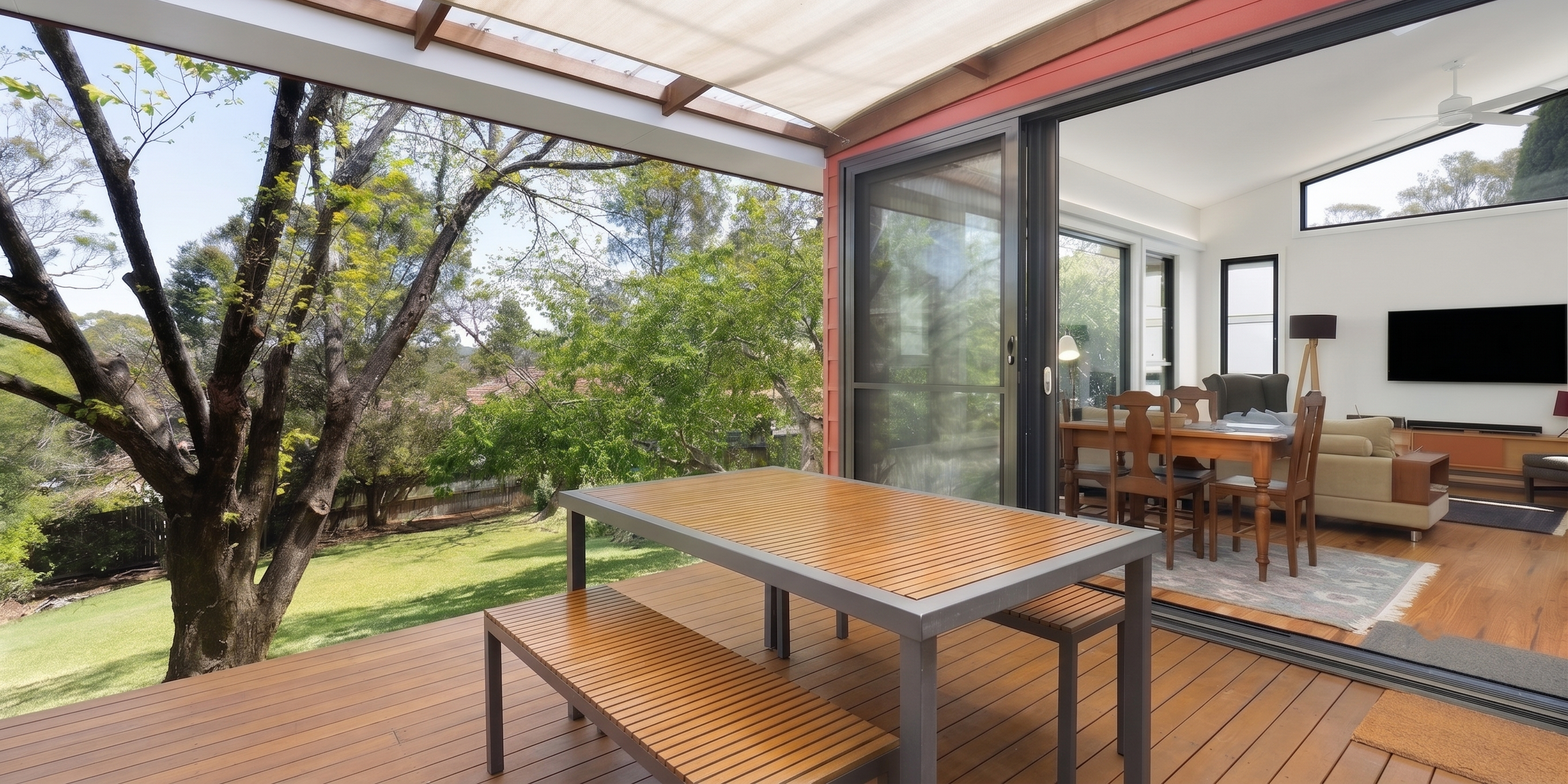 A view of a wooden deck outdoor patio with a gray table and bench, overlooking a green yard with trees, attached to a modern living room with large sliding glass doors, a dining table, and living room furniture inside.