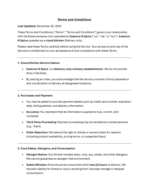 Terms and Conditions document titled 'Last Updated: December 30, 2025' for Essence N Spice, a cloud kitchen delivery service, detailing service nature, purchases and payment, food safety, allergens, and consumption policies.
