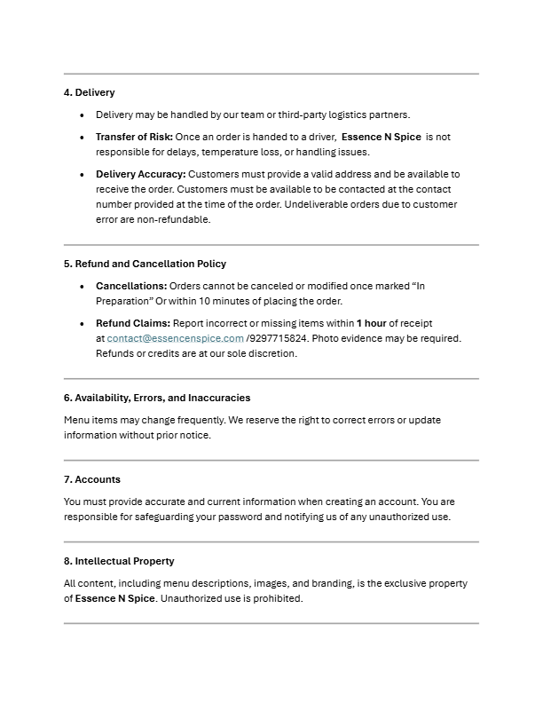 A screenshot of a text document outlining company policies on delivery, refund, cancellation, account management, and intellectual property, with specific guidelines and contact information.