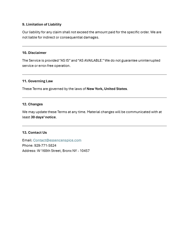 A document with legal and contact information, including sections on Limitation of Liability, Disclaimer, Governing Law, Changes, and Contact Us details.