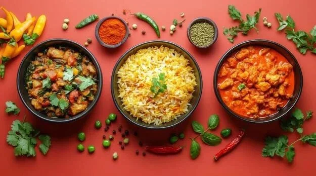 Three bowls of Indian dishes with rice, curry, and vegetable stew surrounded by spices and herbs on a red background.