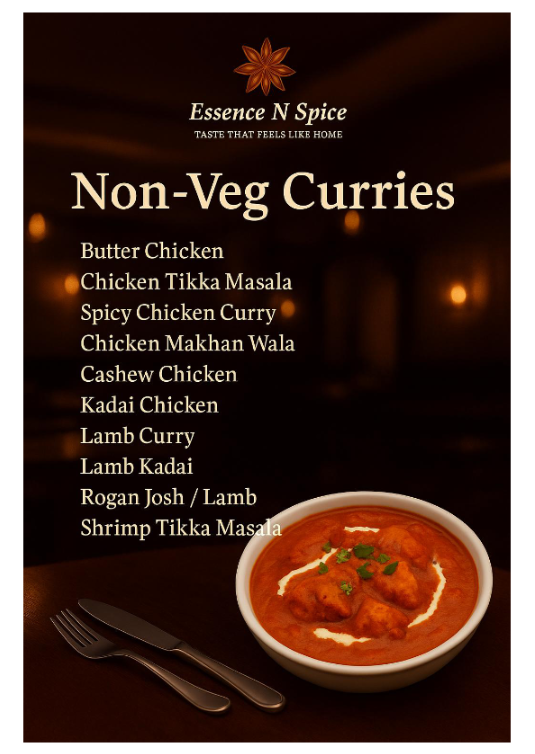 Menu featuring non-vegetarian curries, including butter chicken, chicken tikka masala, spicy chicken curry, chicken makhan wala, cashew chicken, Kadai chicken, lamb curry, lamb Kadai, Rogan Josh/lamb, and shrimp tikka masala, with an image of a bowl of curry garnished with cilantro.