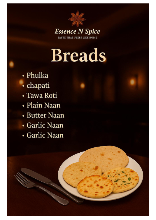 Menu poster for Essence N Spice listing various Indian breads with an image of a white plate with different types of naan and chapati, set beside a fork and knife.