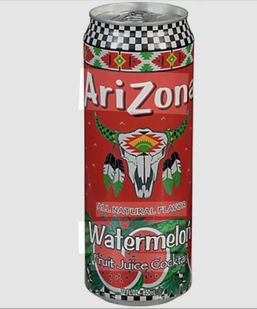 A tall can of Arizona Watermelon Fruit Juice Cocktail with a colorful label featuring a bull skull with horns and feathers, and a watermelon illustration, against a gray background.