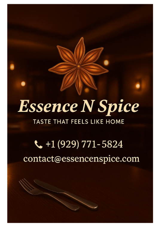 Business card for Essence N Spice with a star anise spice illustration, featuring the slogan 'Taste that feels like home,' contact info, and a dark, warm background with a fork and knife at the bottom.