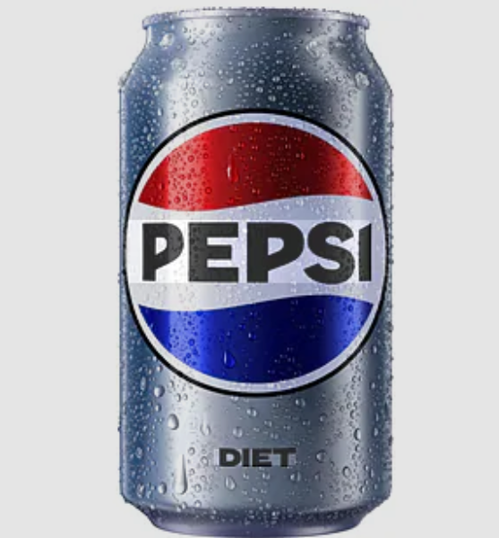 A cold can of Pepsi soda with condensation on the surface, displaying the Pepsi logo and the word "Diet" underneath.