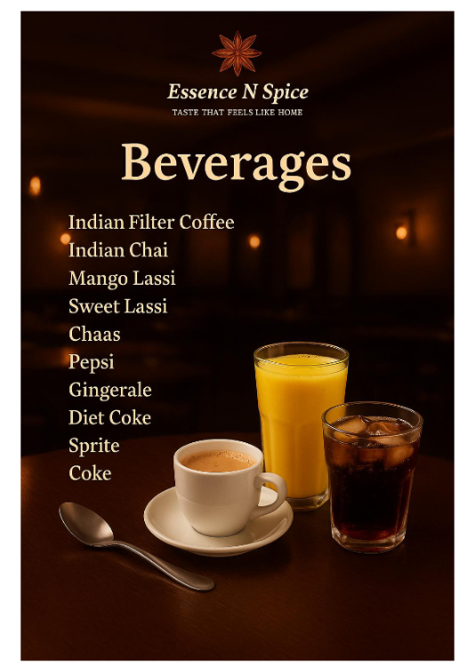 Menu featuring beverages including Indian Filter Coffee, Indian Chai, Mango Lassi, Sweet Lassi, Chaas, Pepsi, Gingerale, Diet Coke, Sprite, and Coke, with a cup of Indian coffee, a glass of mango lassi, and a glass of cola on a dark table.