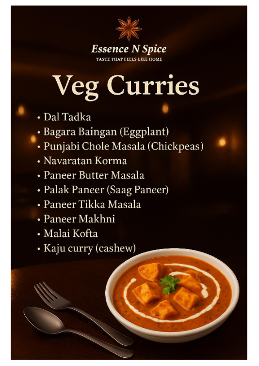 Menu listing various vegetarian Indian curries with a bowl of kaju curry (cashew) at the bottom.
