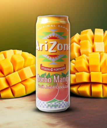 Can of AriZona Mucho Mango flavored fruit juice cocktail with fresh mango chunks on either side.