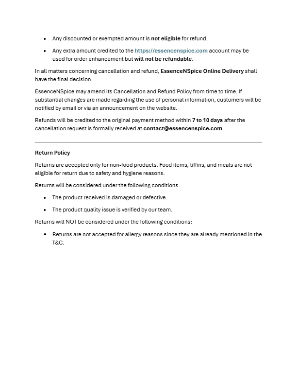 Screenshot of a document outlining the return policy, refund policy, and conditions for online orders from EssenceNspice, including details about refunds, cancellations, and non-eligible items.
